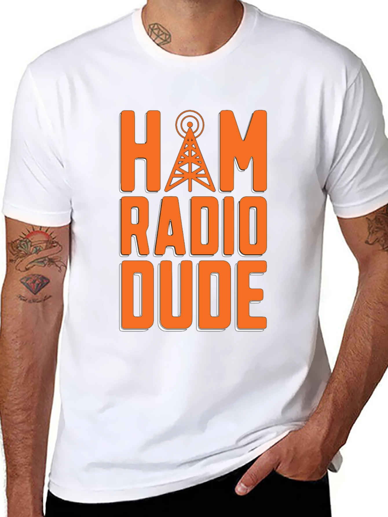 Black Ham Radio Dude T-Shirt - Orange Radio Tower Design view 8
