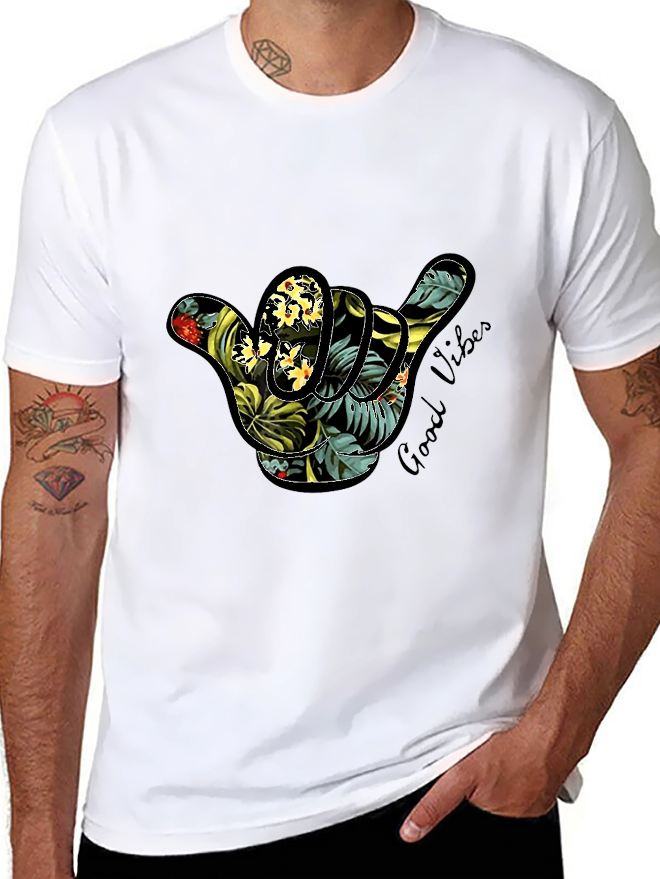 Black Tropical Shaka Hand Good Vibes T-Shirt view 8