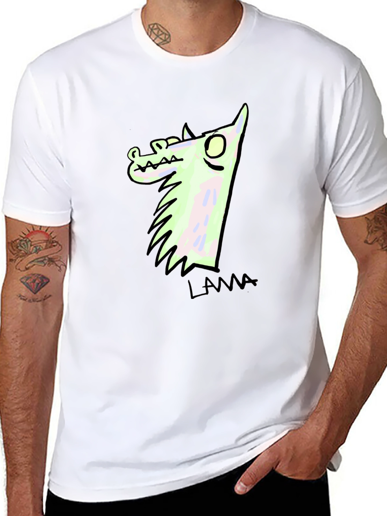 Black Llama Cartoon Graphic Print Black T-Shirt view 8