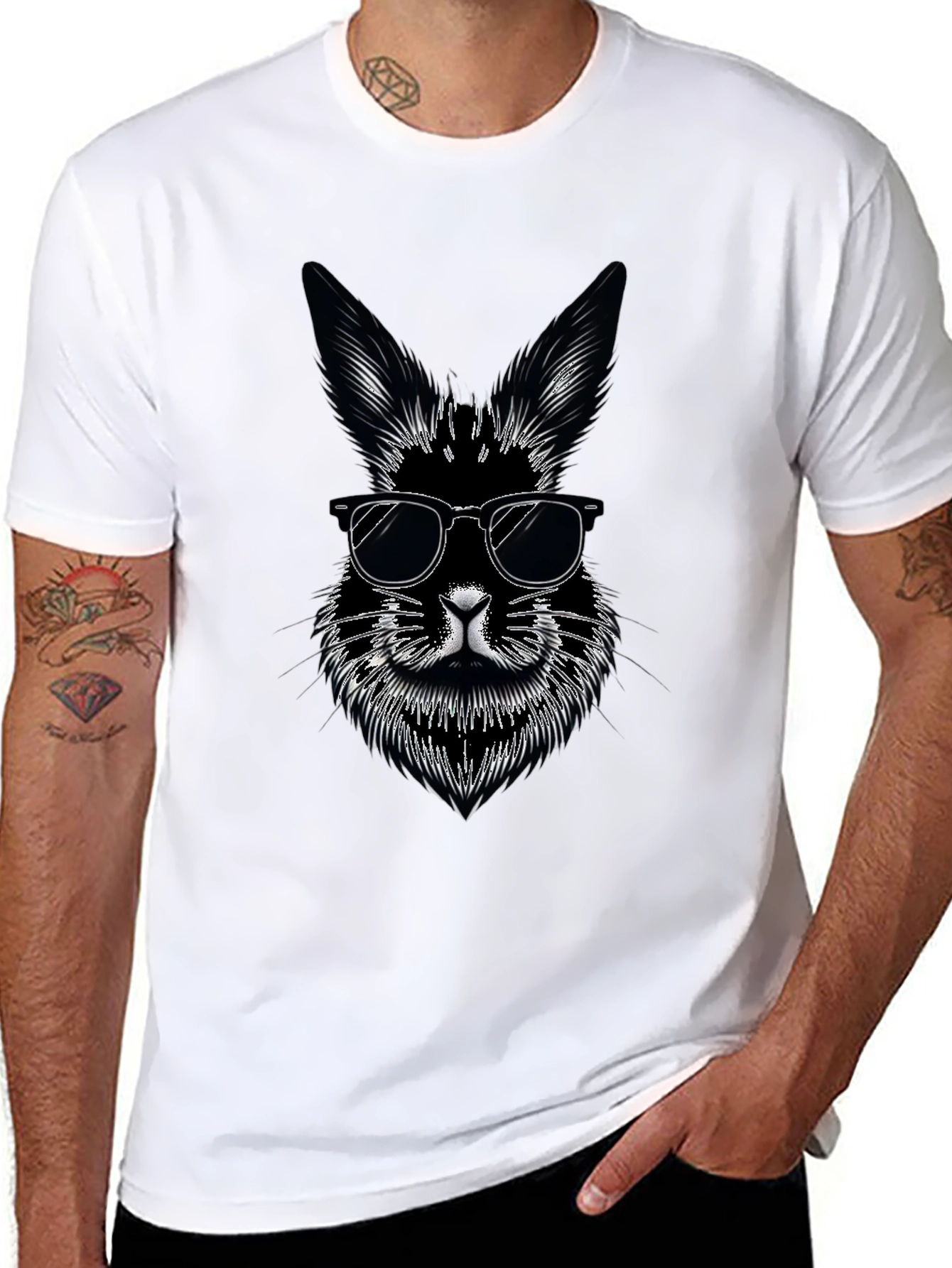 Black Cool Rabbit Graphic Tee - Black Cotton T-Shirt view 8
