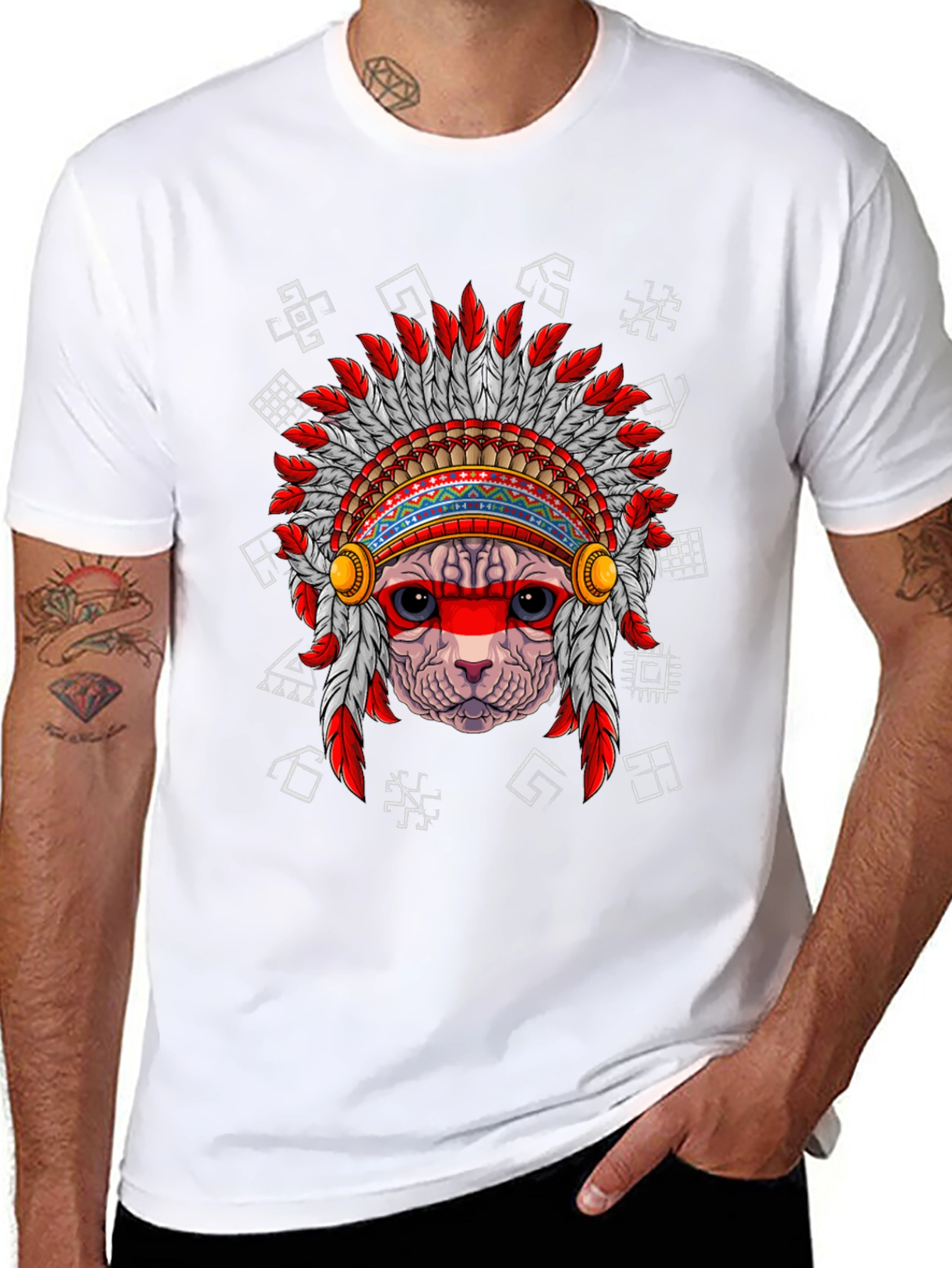 Black Native American Cat T-Shirt, Unique Graphic Tee view 8