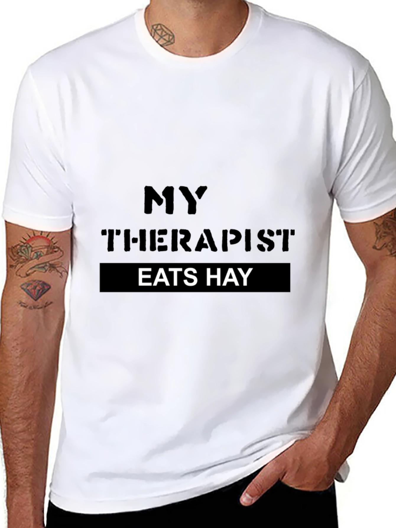 Black My Therapist Eats Hay Novelty T-Shirt view 8
