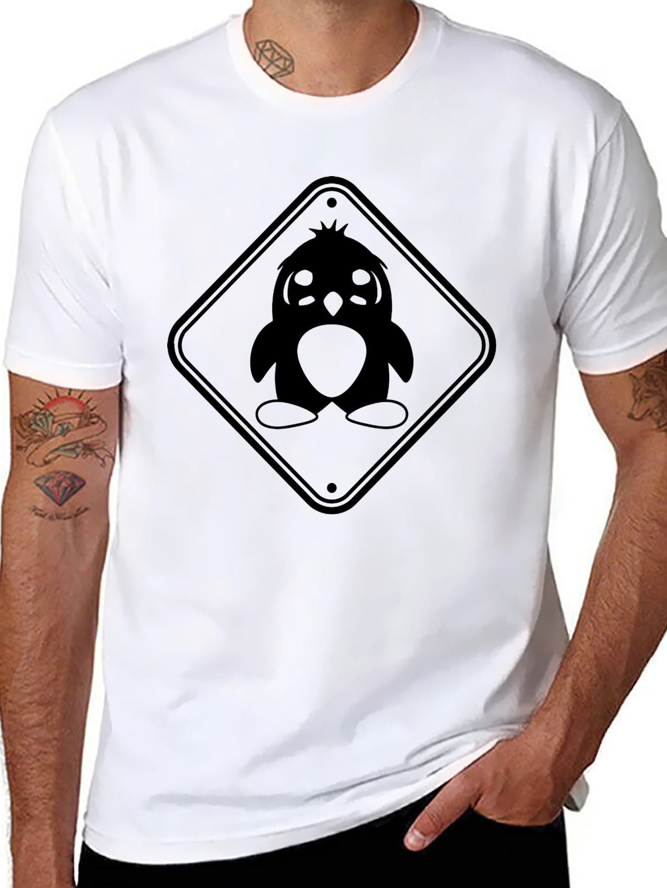 Black Penguin Caution Sign Graphic Tee - Unisex Black T-Shirt view 8