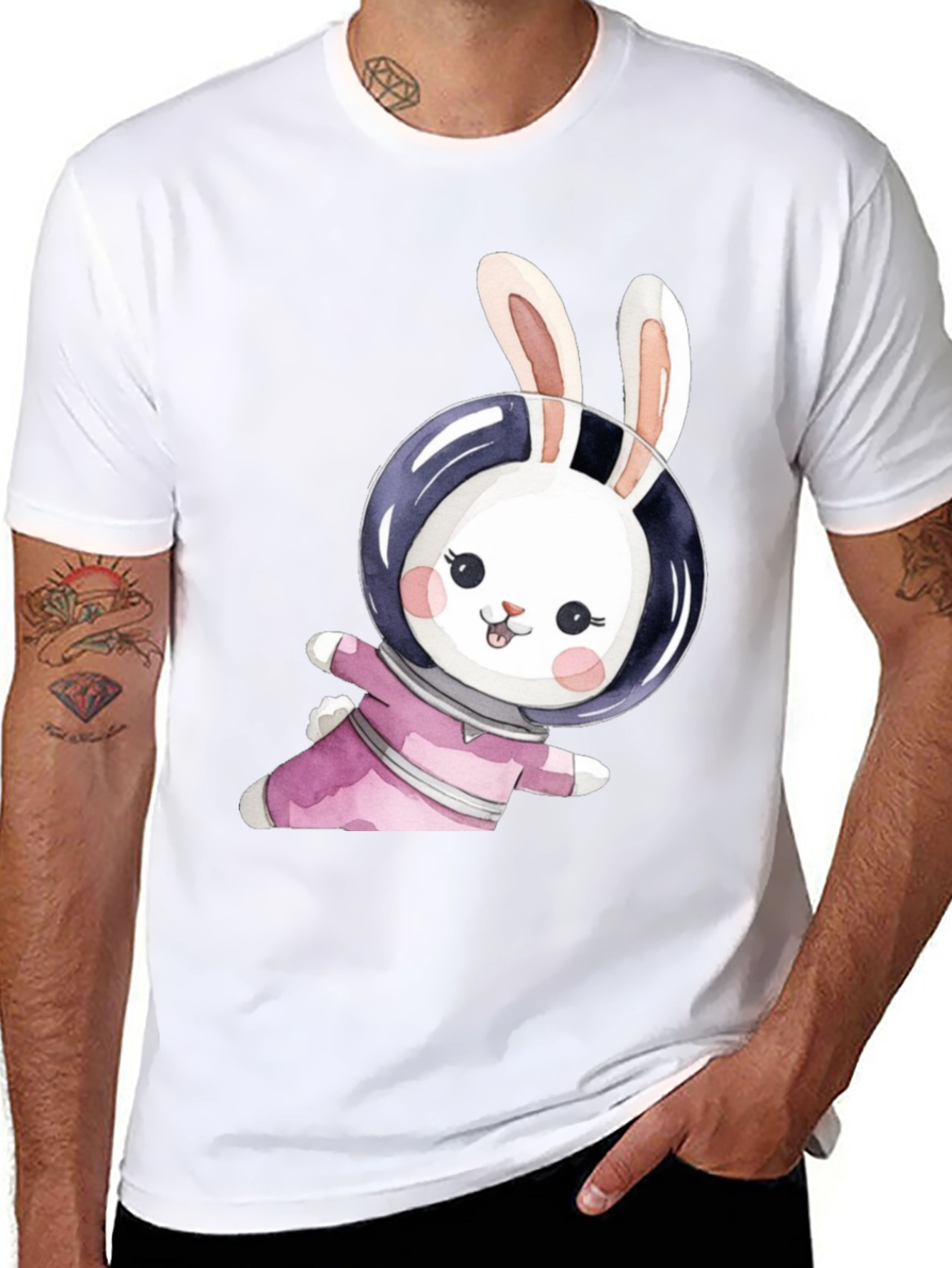 Black Cute Bunny Astronaut Black T-Shirt view 8