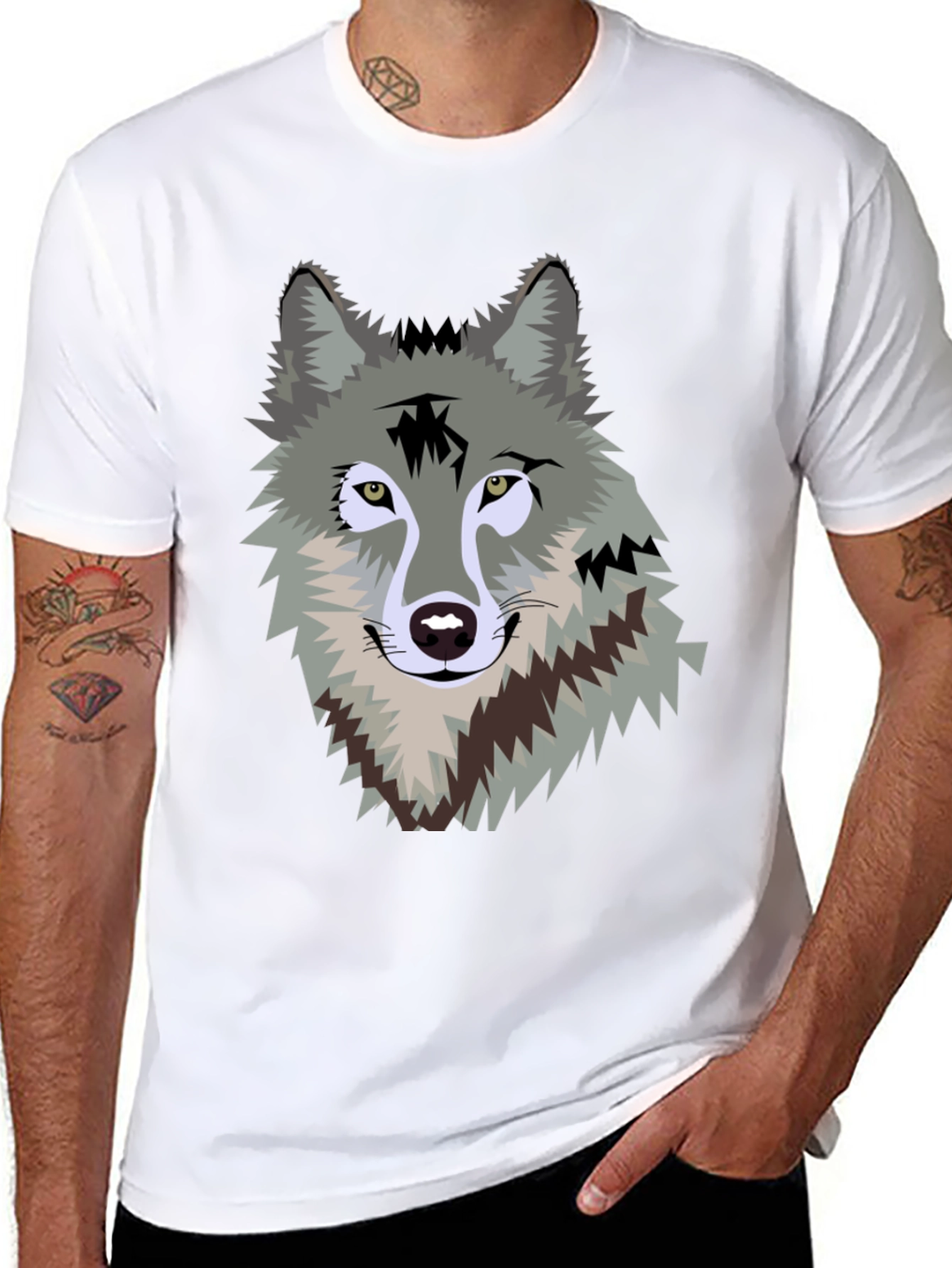 Black Men's Black T-Shirt with Wolf Graphic view 8