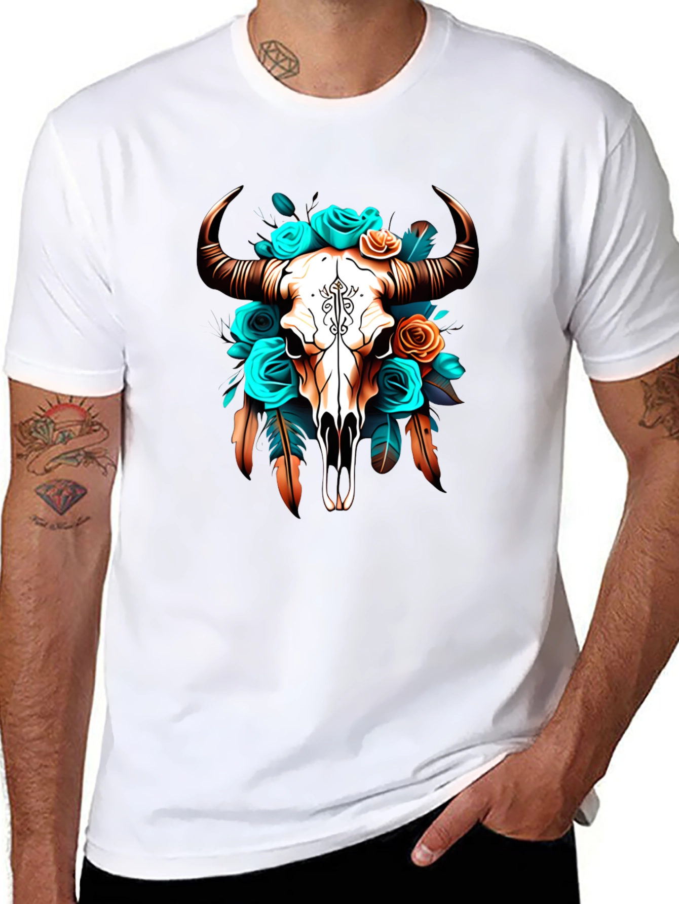 Black Floral Bull Skull Graphic Tee - Western Style view 8