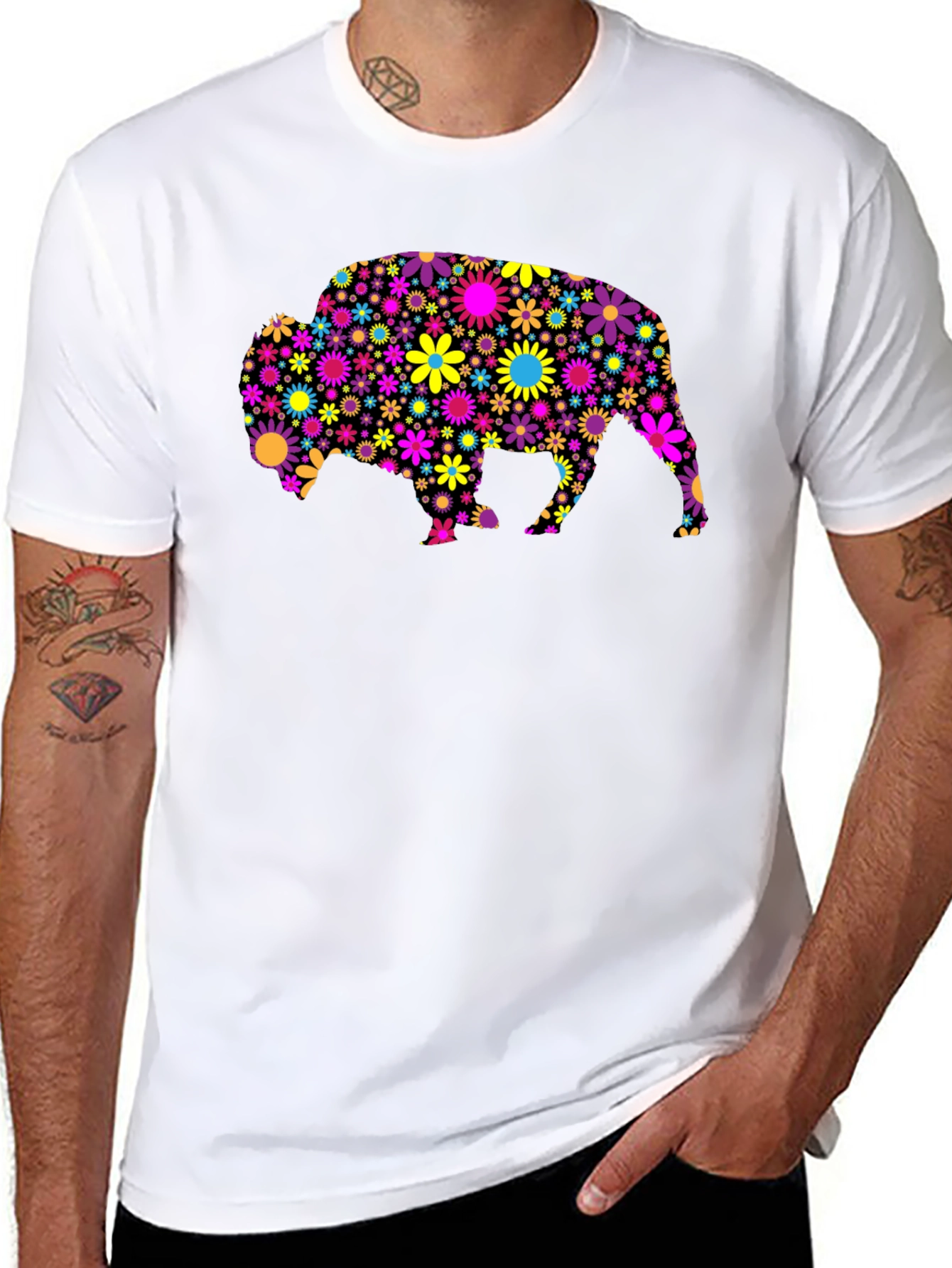 Black Floral Bison Graphic Tee - Trendy Men's T-Shirt view 8