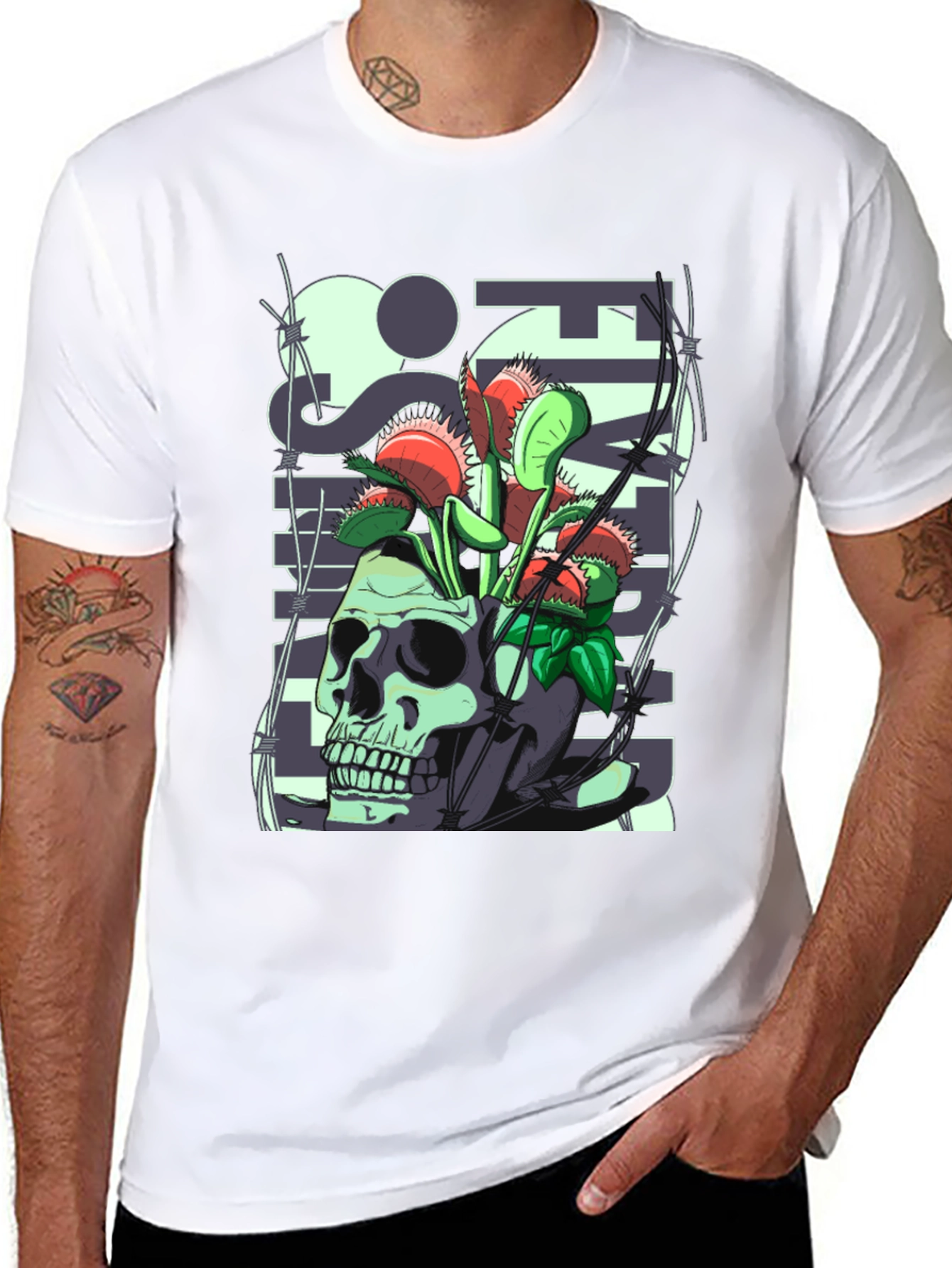 Black Skull & Venus Flytrap Graphic Tee - Unique Design view 8