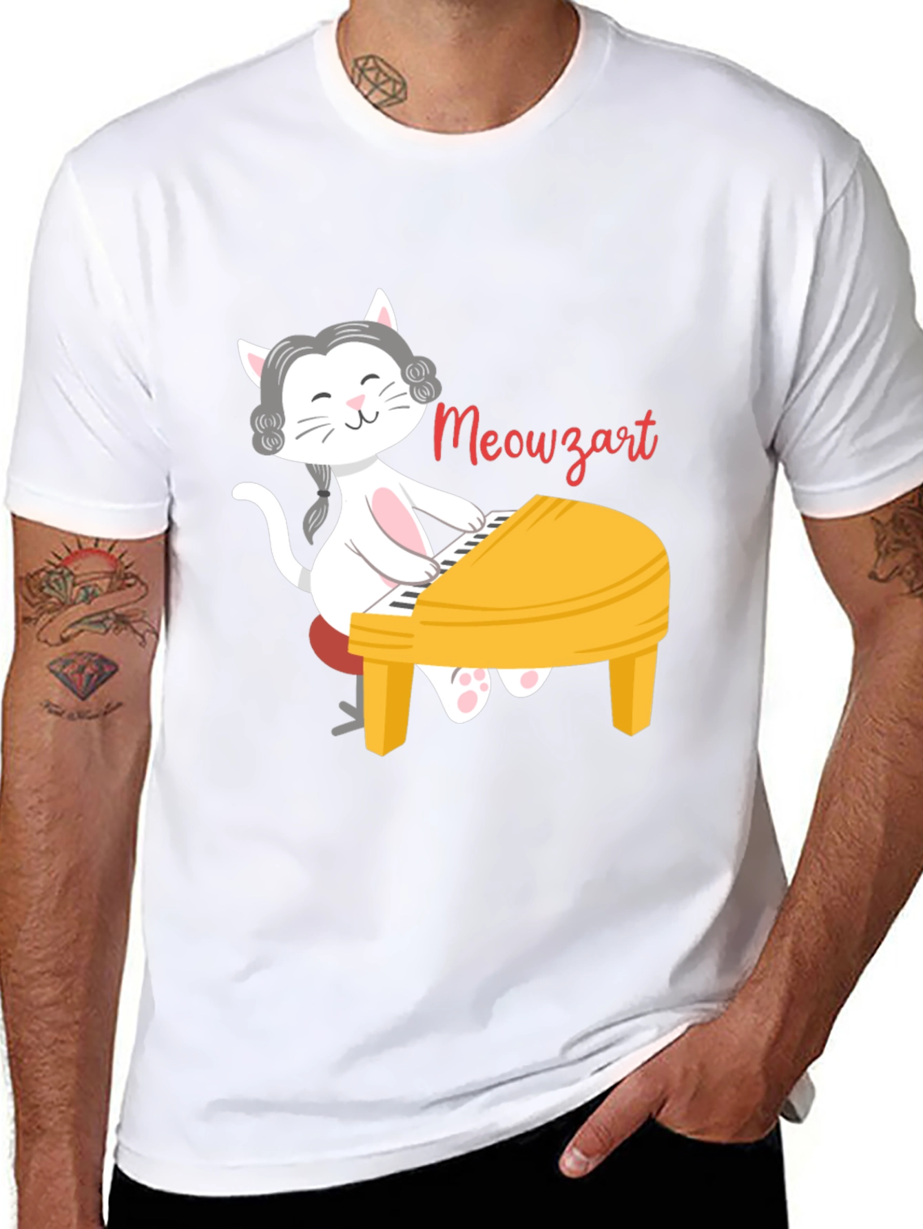 Black Meowzart Cat Playing Piano T-Shirt view 8