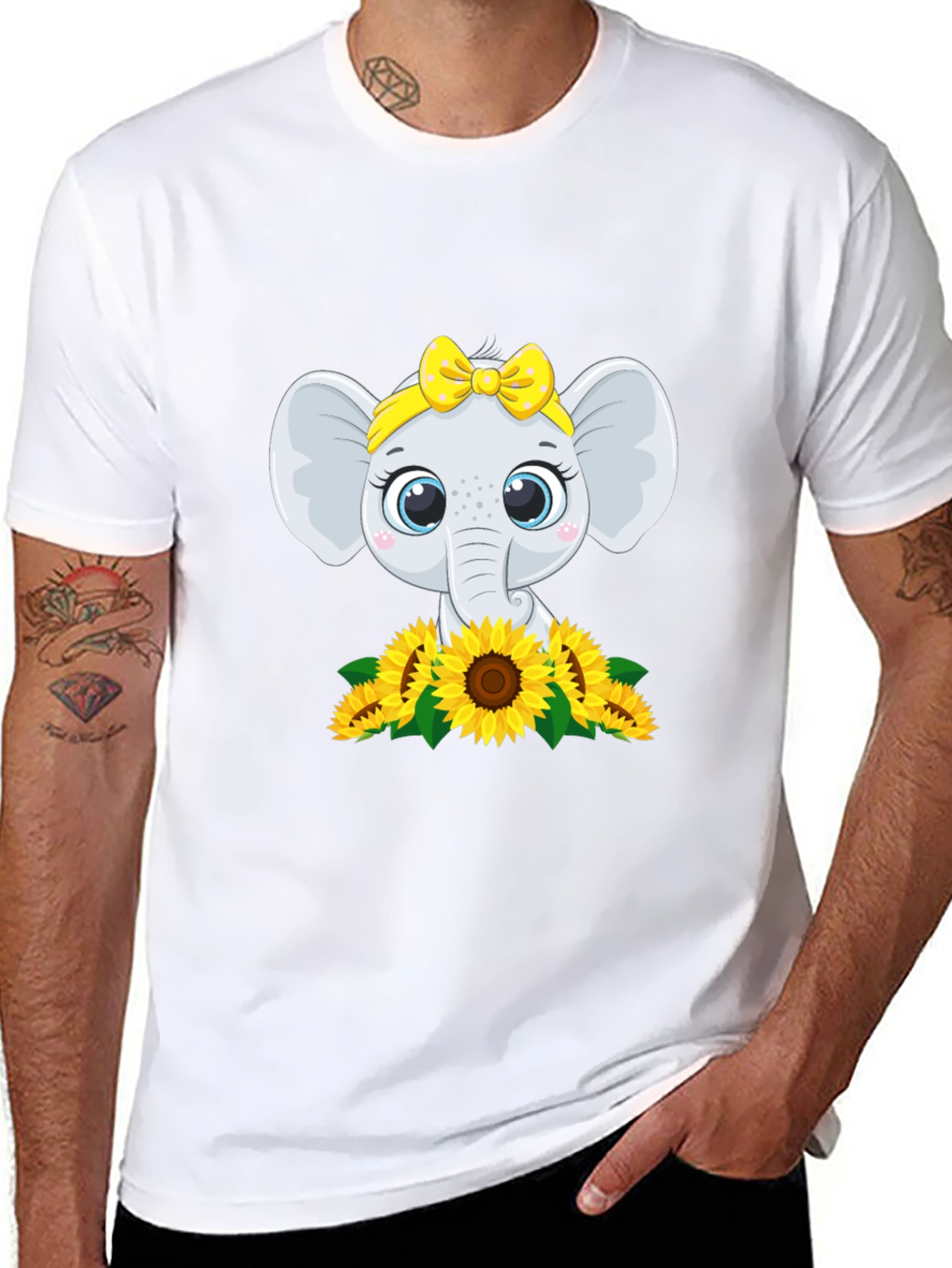 Black Cute Elephant Sunflower Graphic Tee view 8