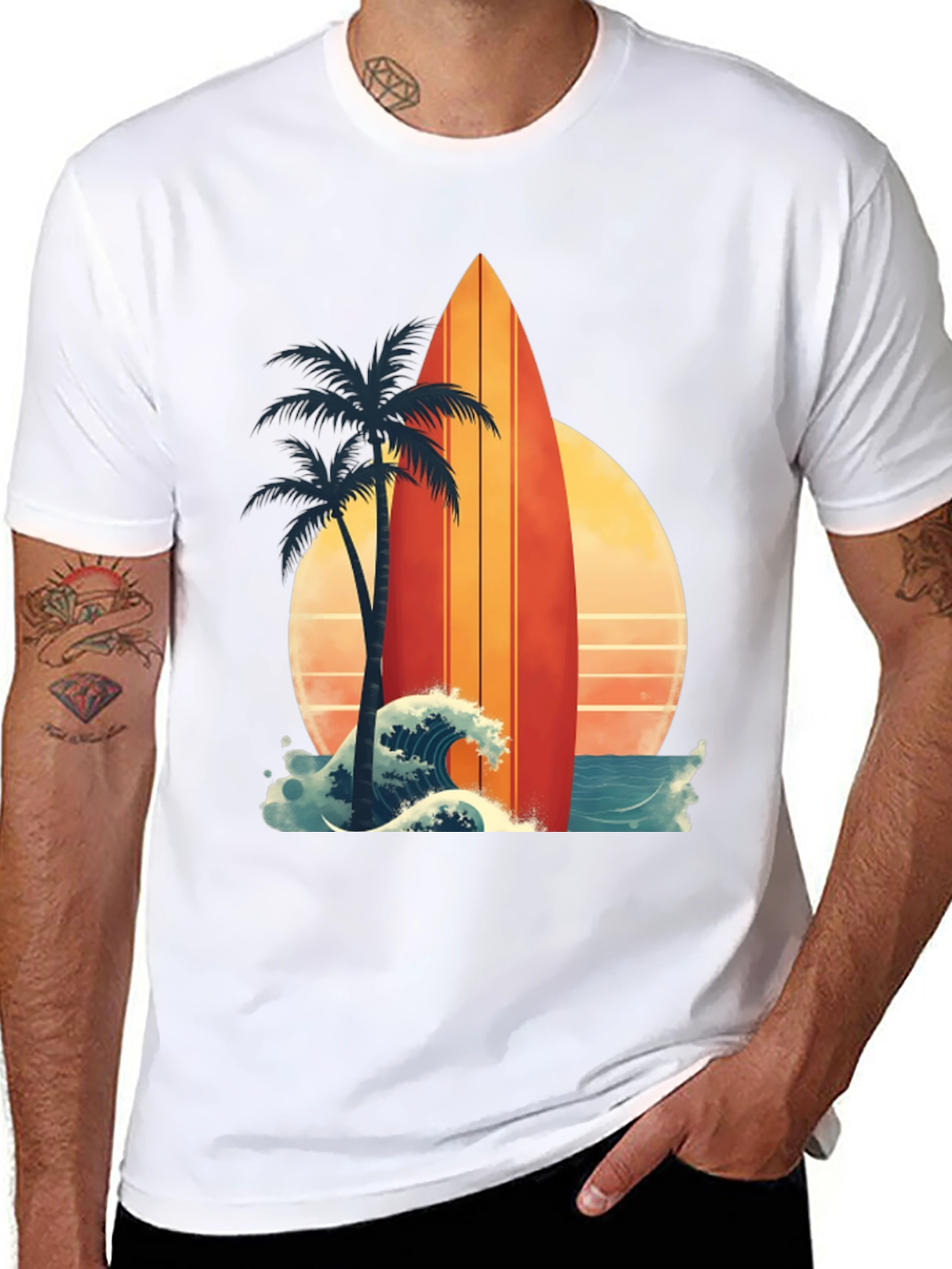 Black Retro Surfboard Palm Tee - Beach Vibes view 8