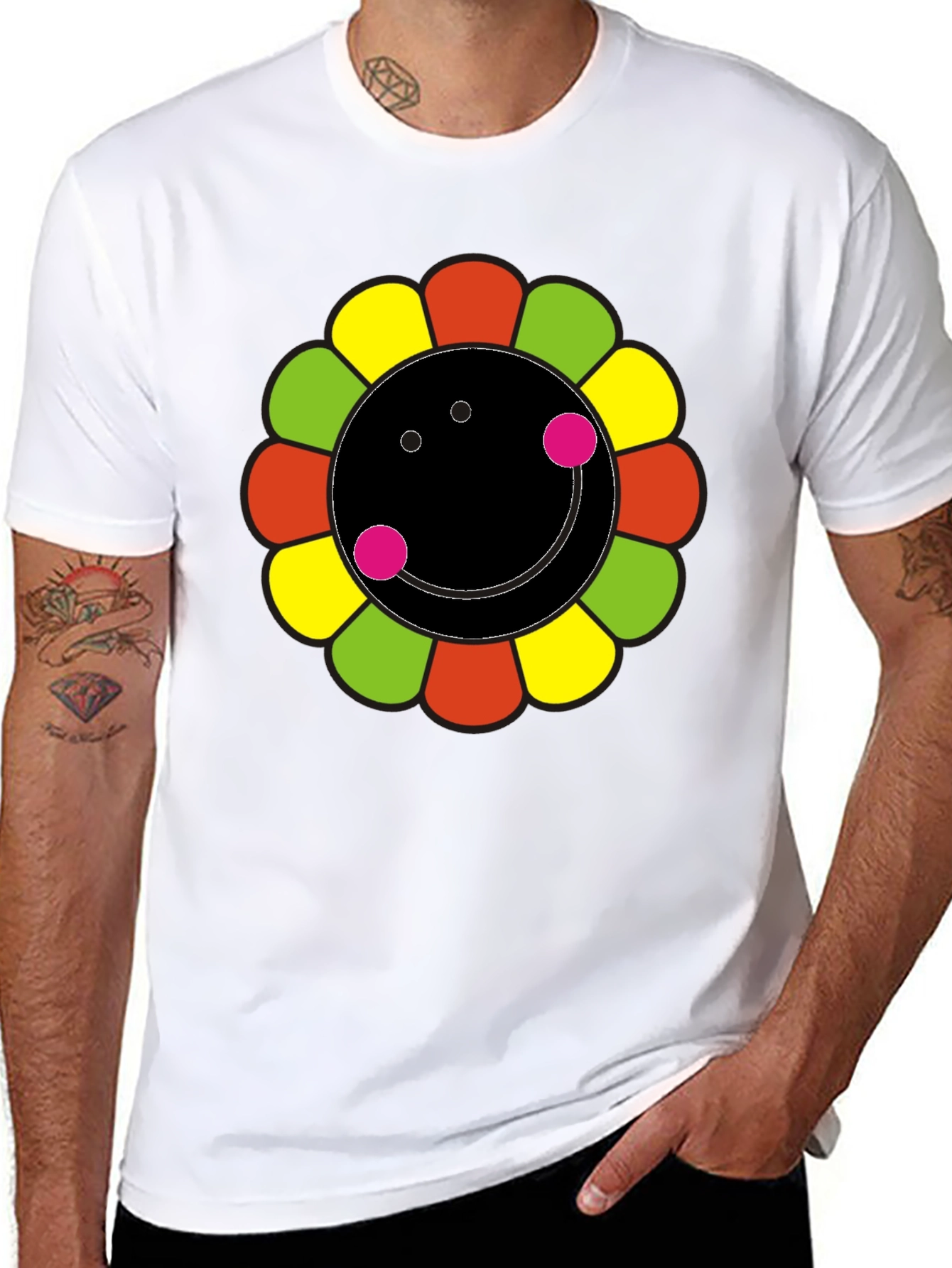 Black Funky Flower Smiley Black T-Shirt view 8