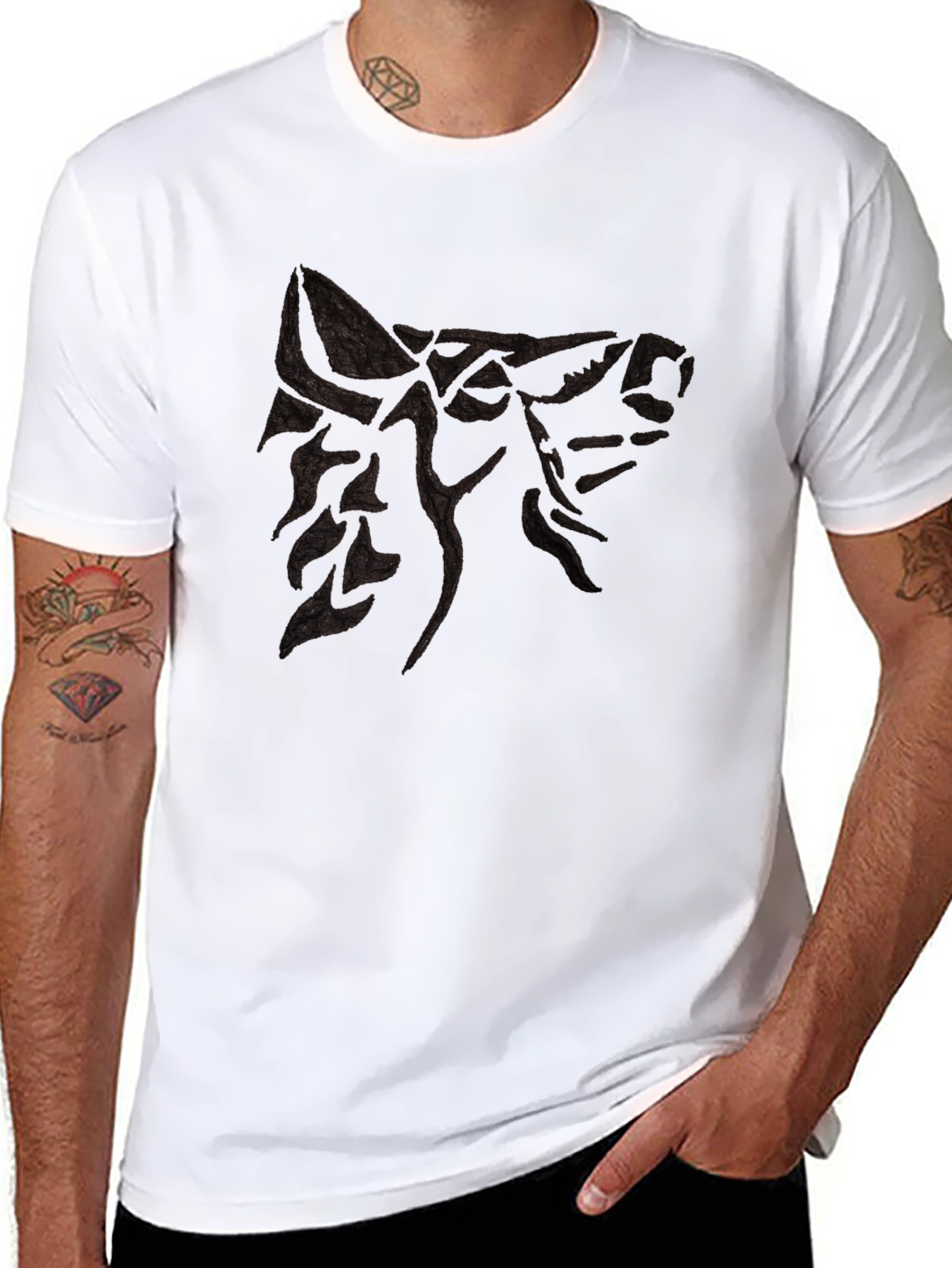 Black Men's Black T-Shirt with Wolf Design view 8