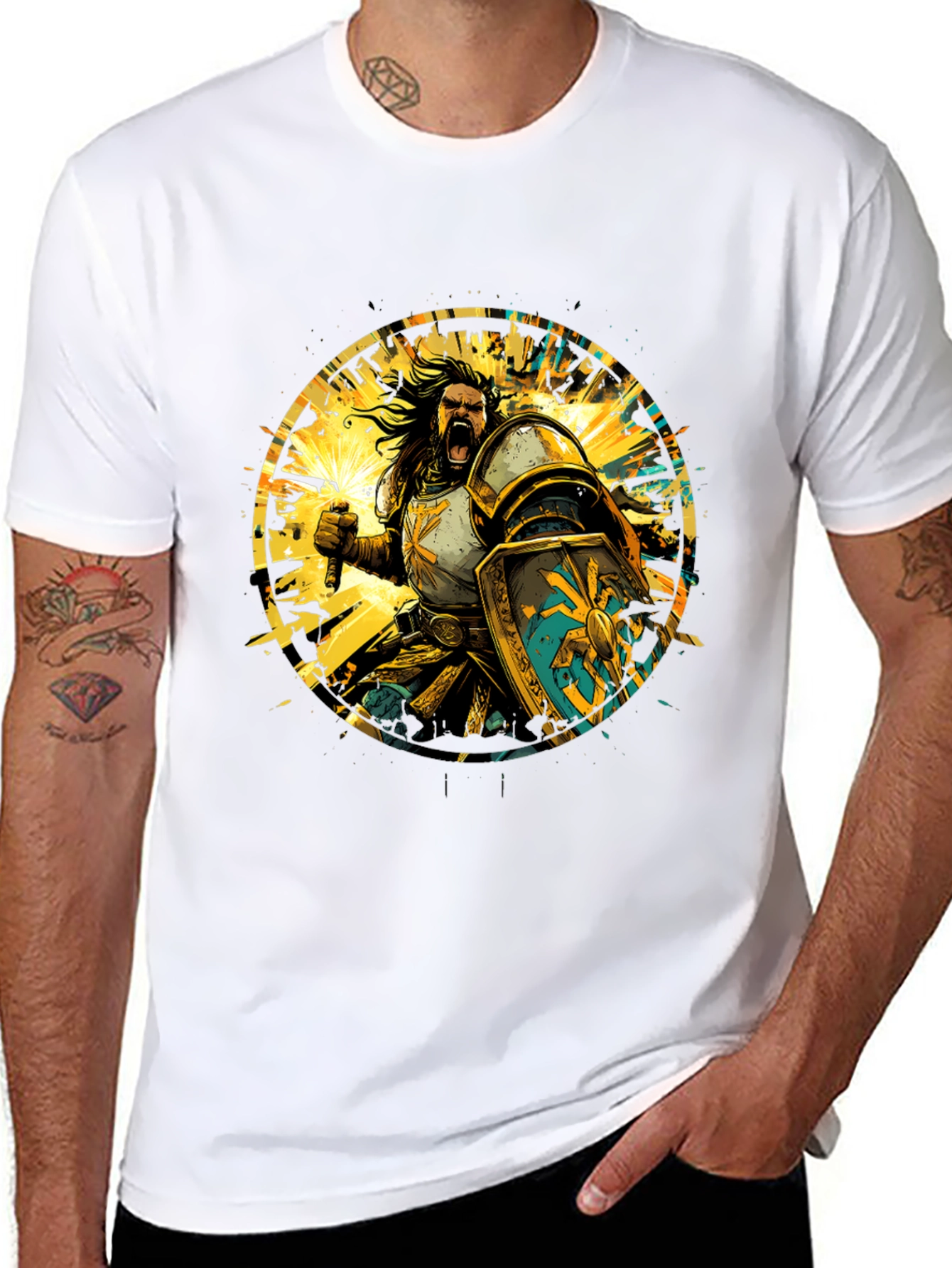 Black Warrior Knight Graphic Tee - Black Cotton T-Shirt view 8