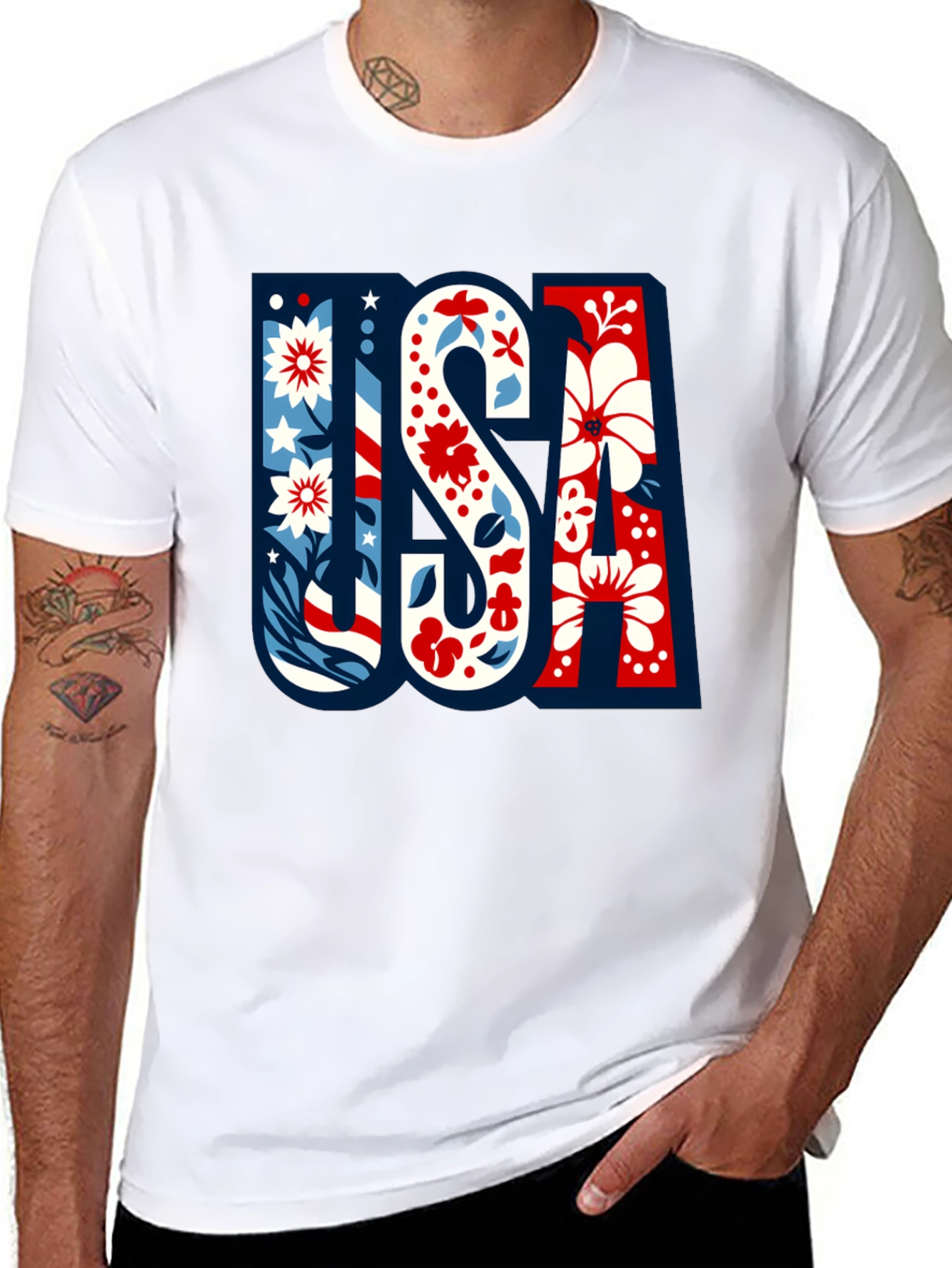 USA Floral Print Men's Black T-Shirt - 8