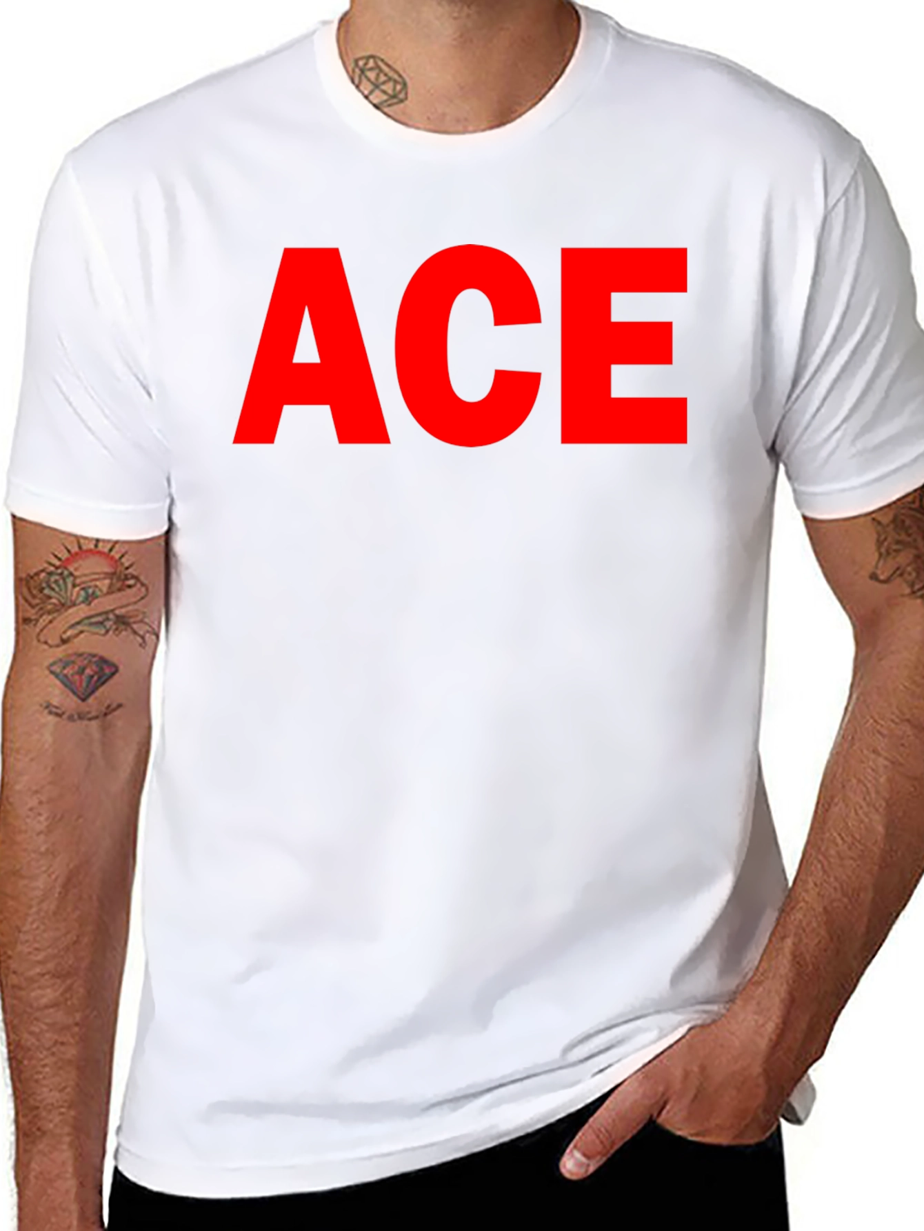 Black ACE Graphic Tee - Classic Crew Neck, Bold Red Print view 8