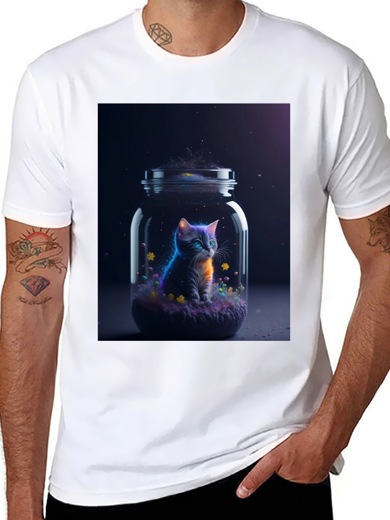 Black Cosmic Cat T-Shirt - Galaxy Kitten in a Jar view 8