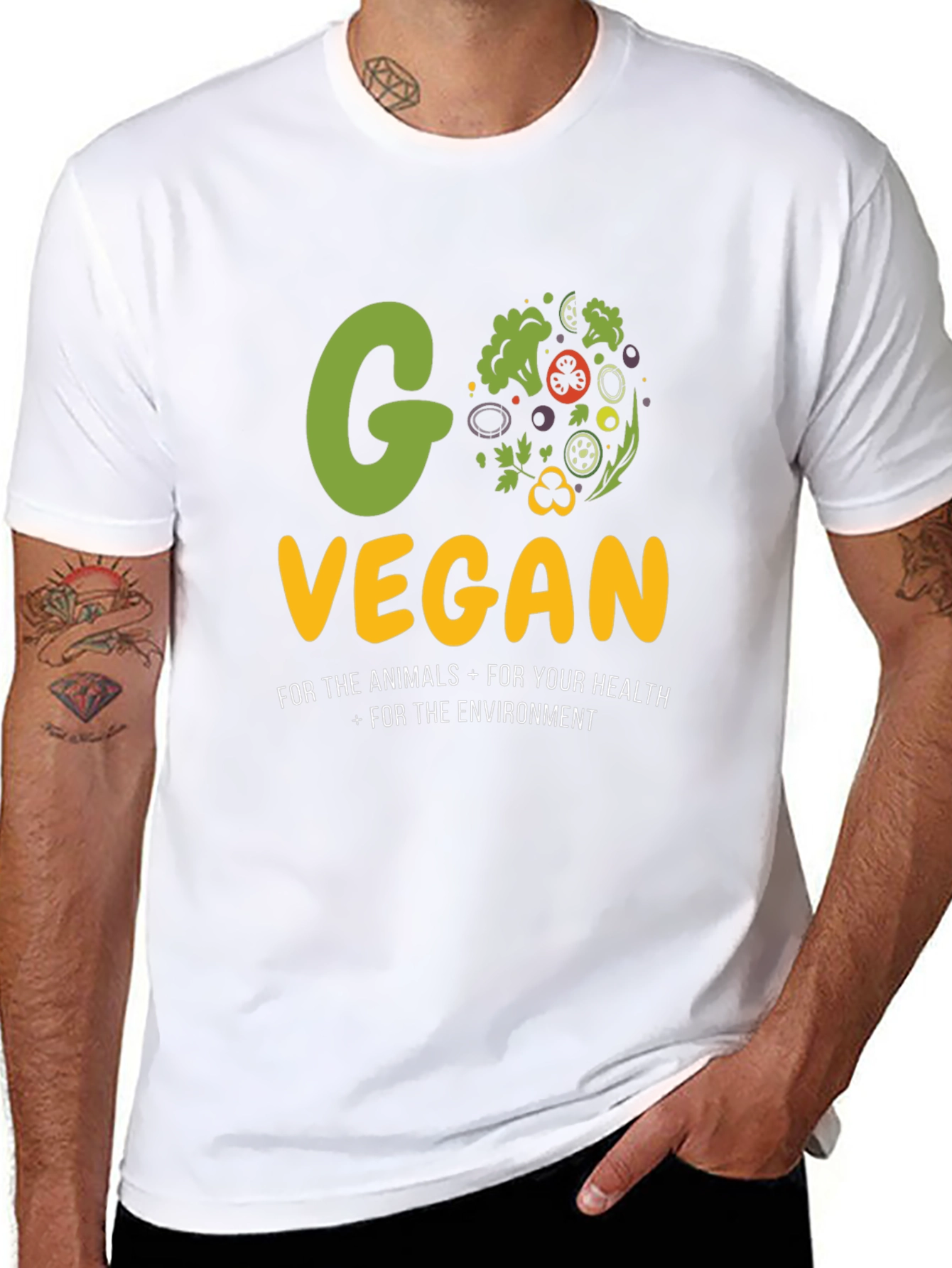 Black Go Vegan Black T-Shirt - Animals, Health, Environment! view 8