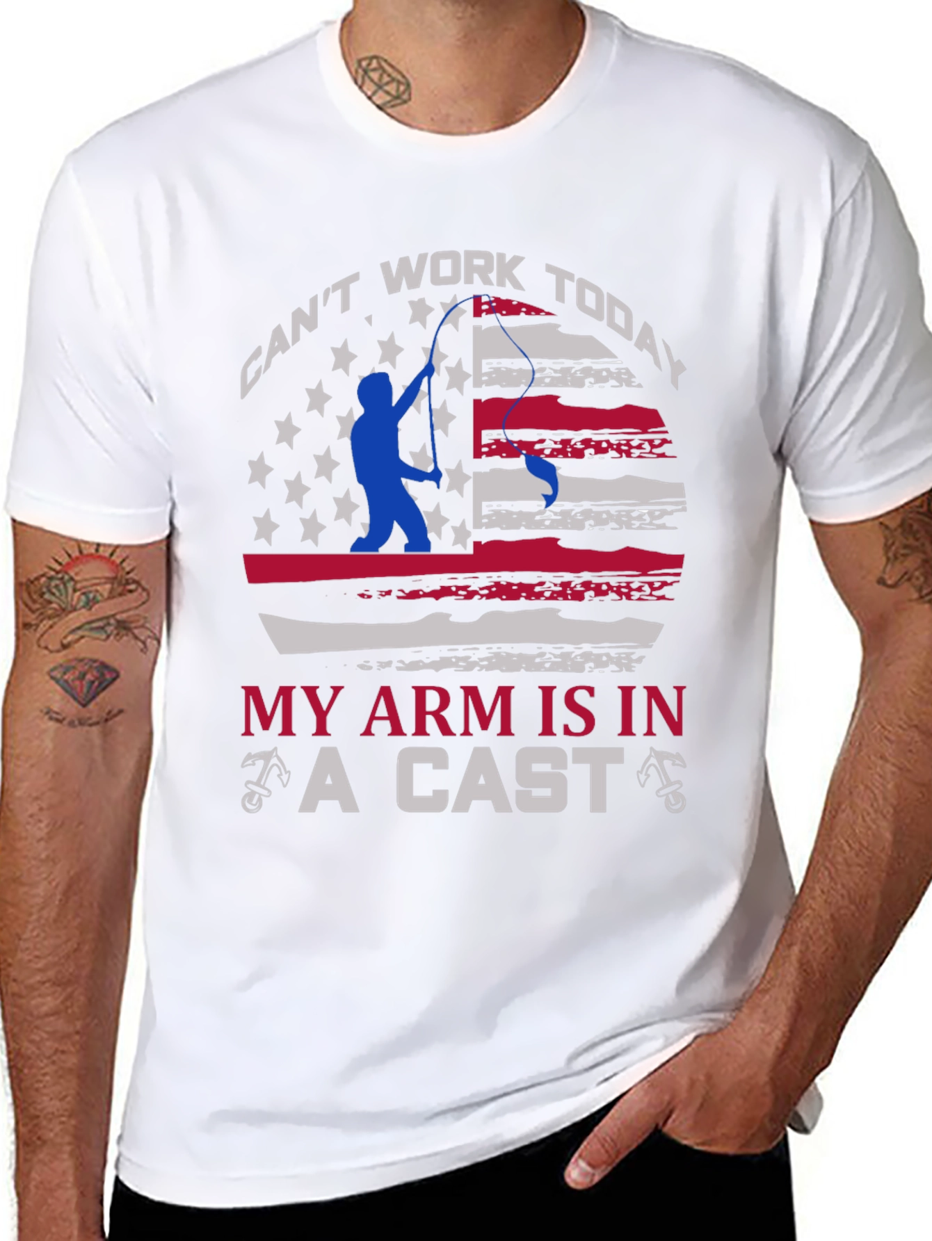 Black Funny Fishing T-Shirt - Can't Work Today - Arm in a Cast view 8