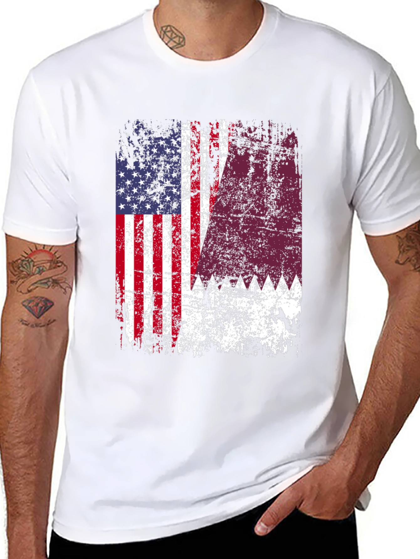USA Qatar Flag Distressed T-Shirt - 8