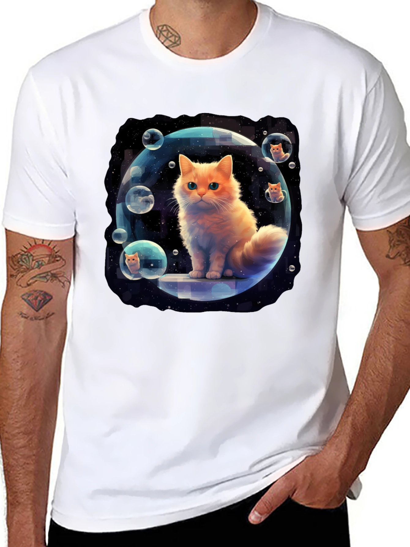 Black Cosmic Cat Bubble T-Shirt - Unique Graphic Tee view 8