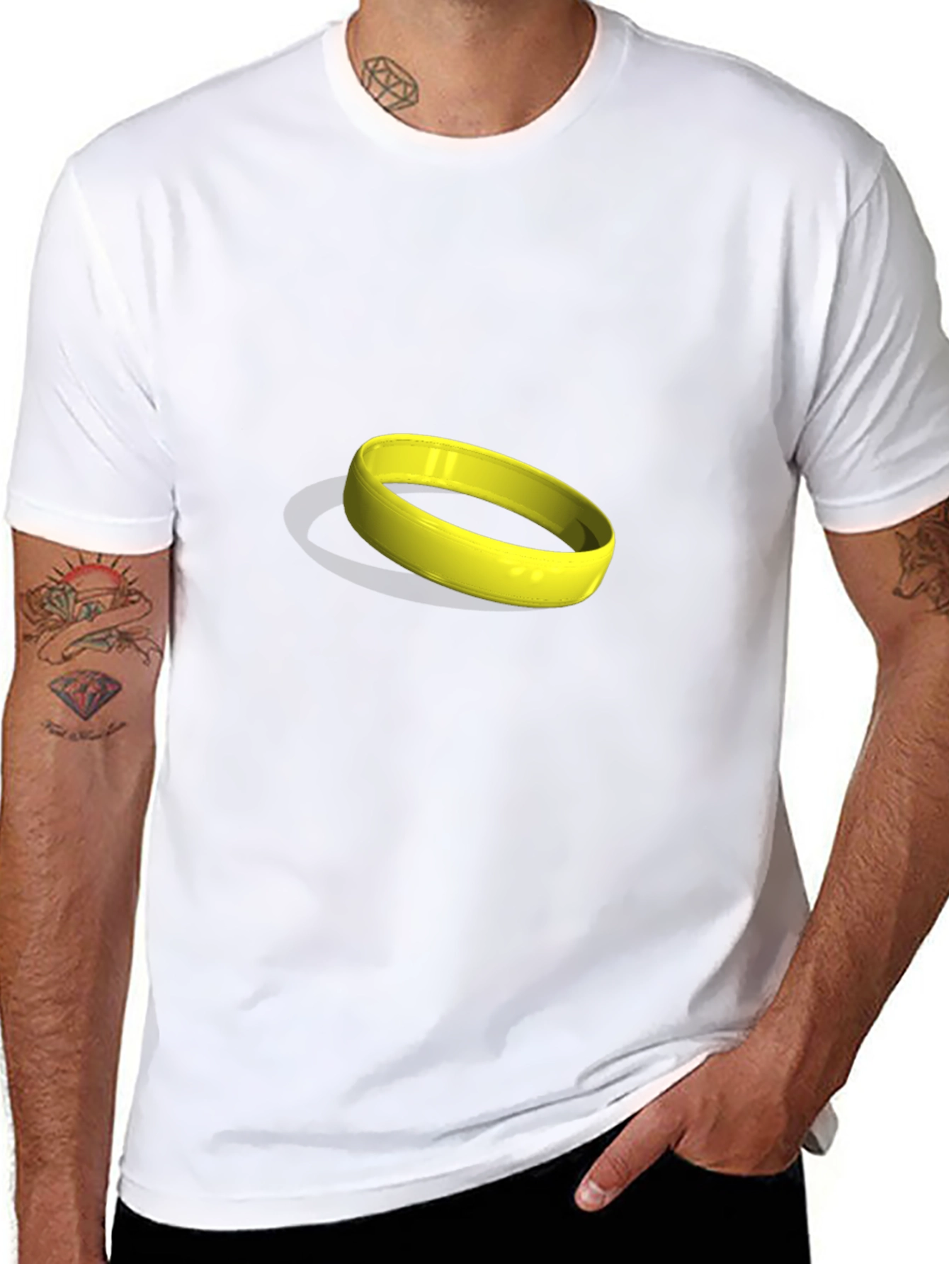 Black Men's Black T-Shirt with Yellow Ring Graphic view 8