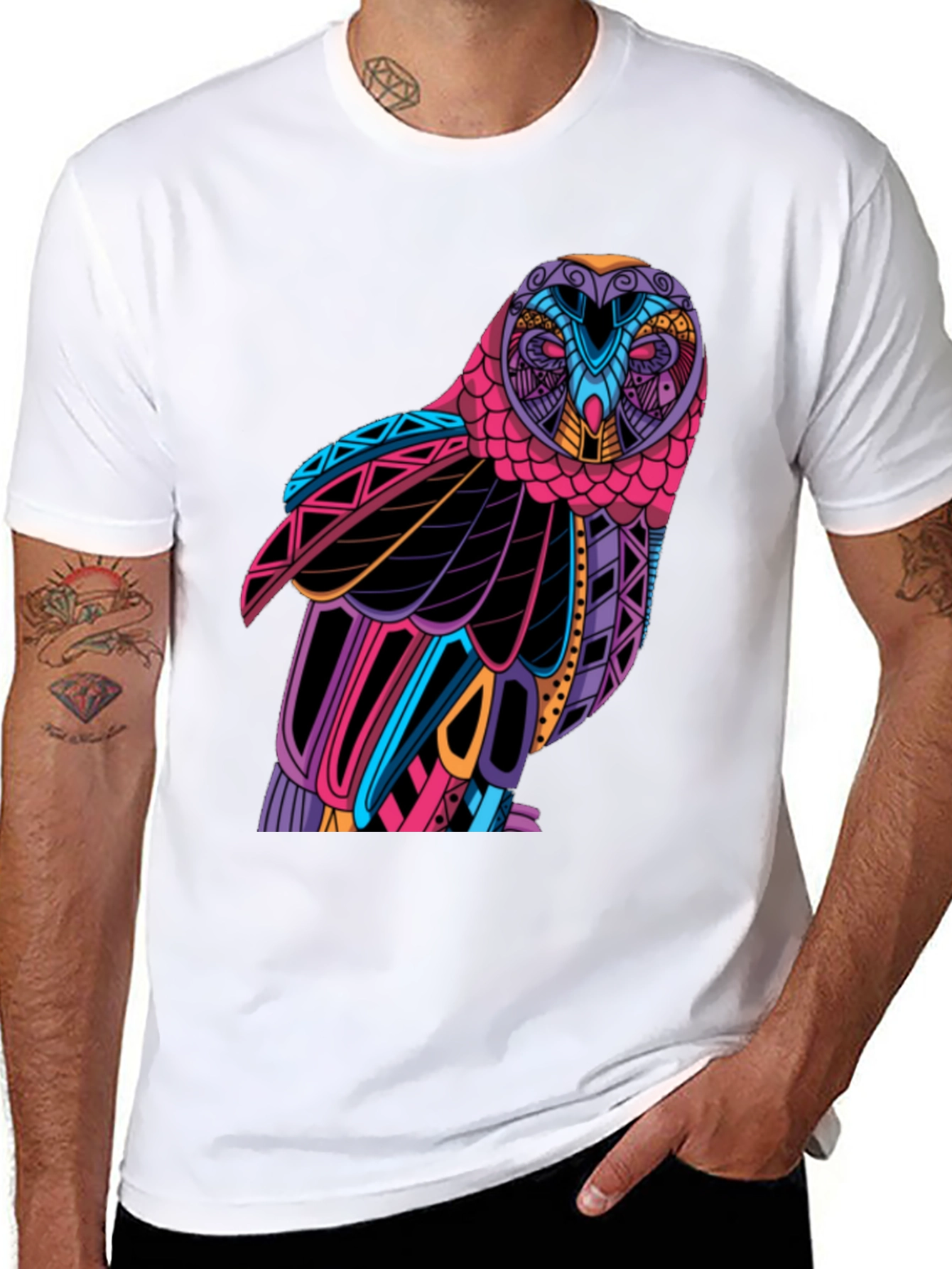 Black Colorful Owl Graphic T-Shirt - Unique Design view 8