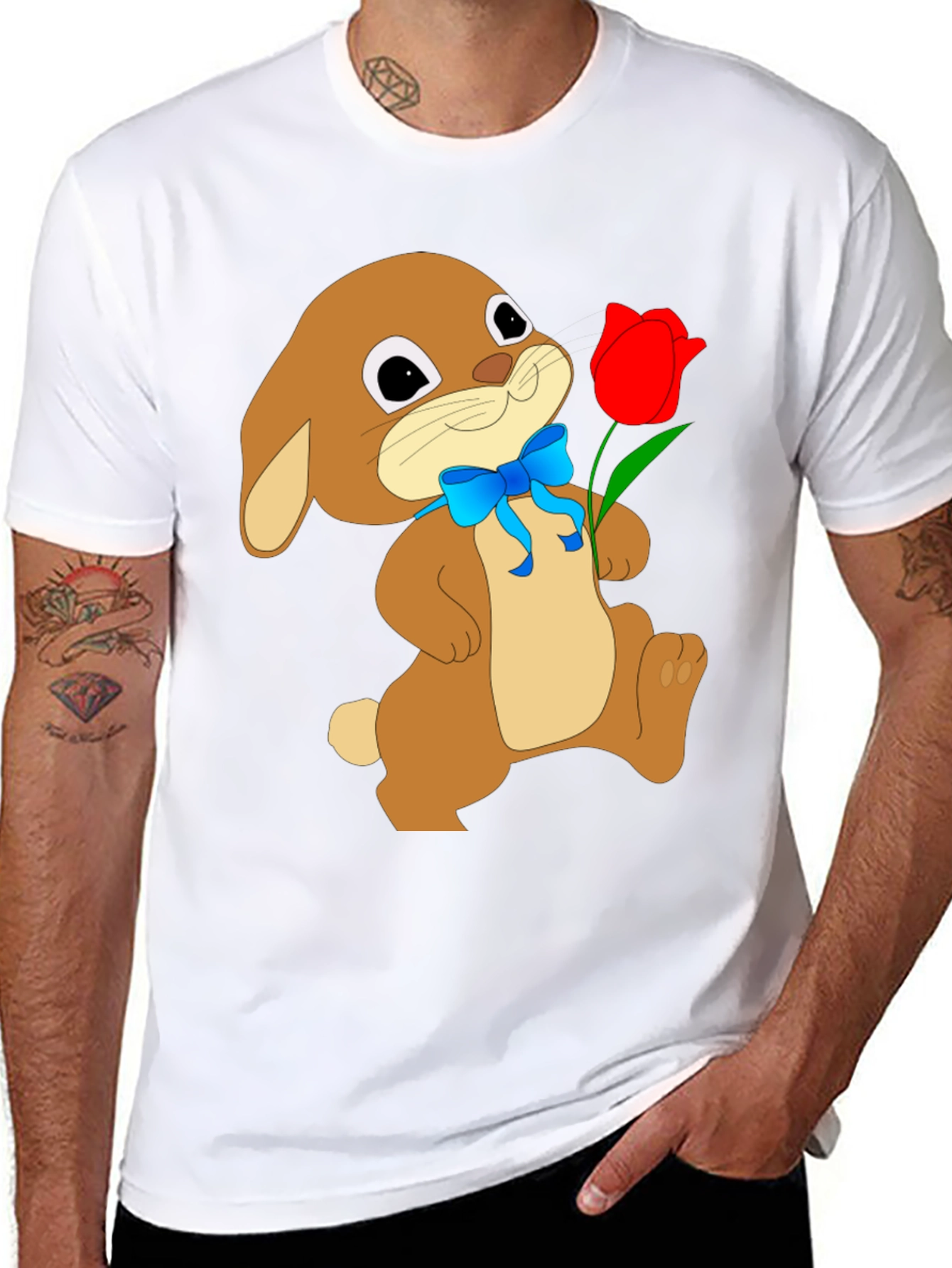 Black Bunny & Tulip Graphic Tee - Soft Black Cotton view 8