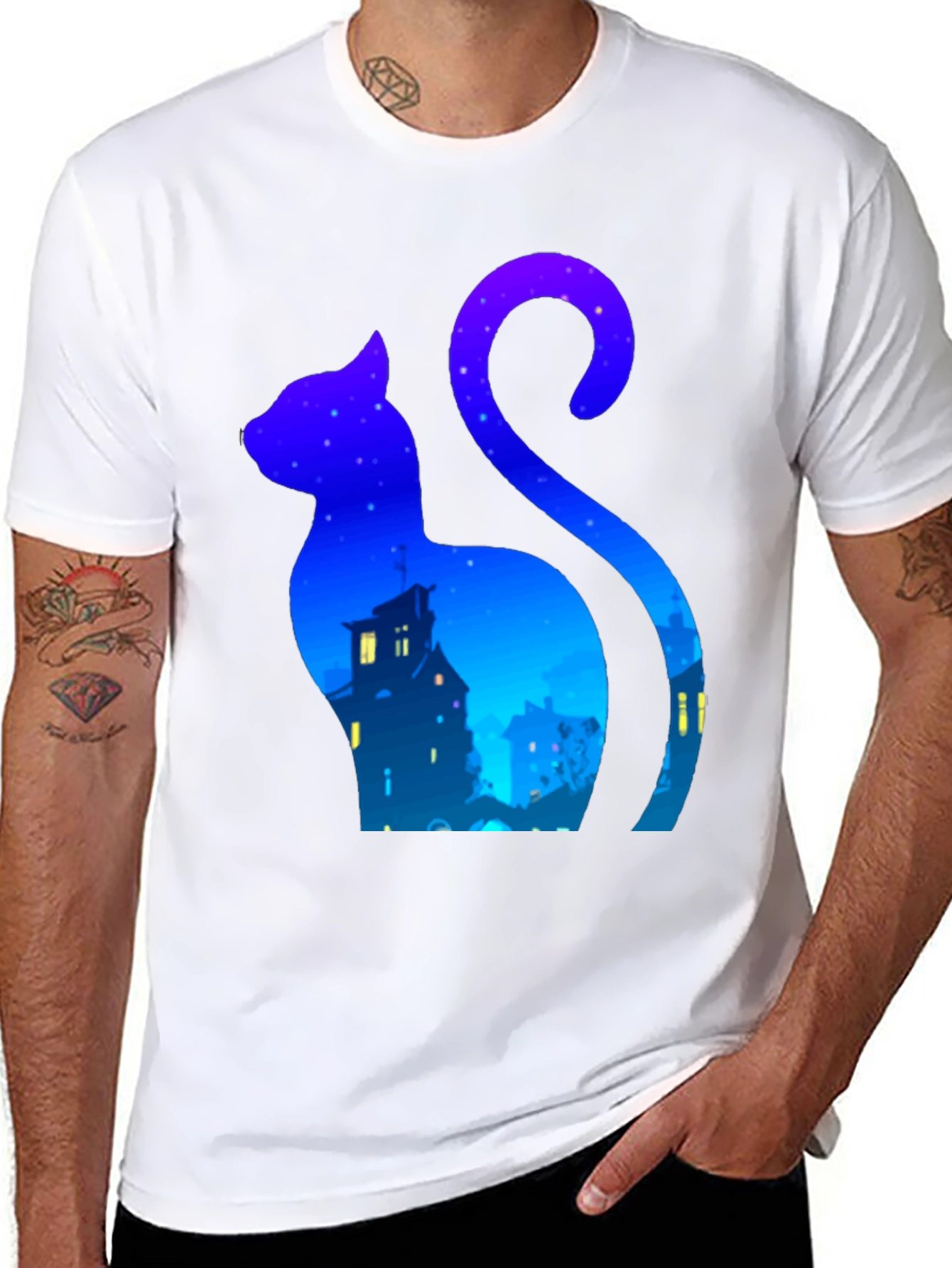 Black Cat Silhouette Night Sky T-Shirt - Urban Style view 8