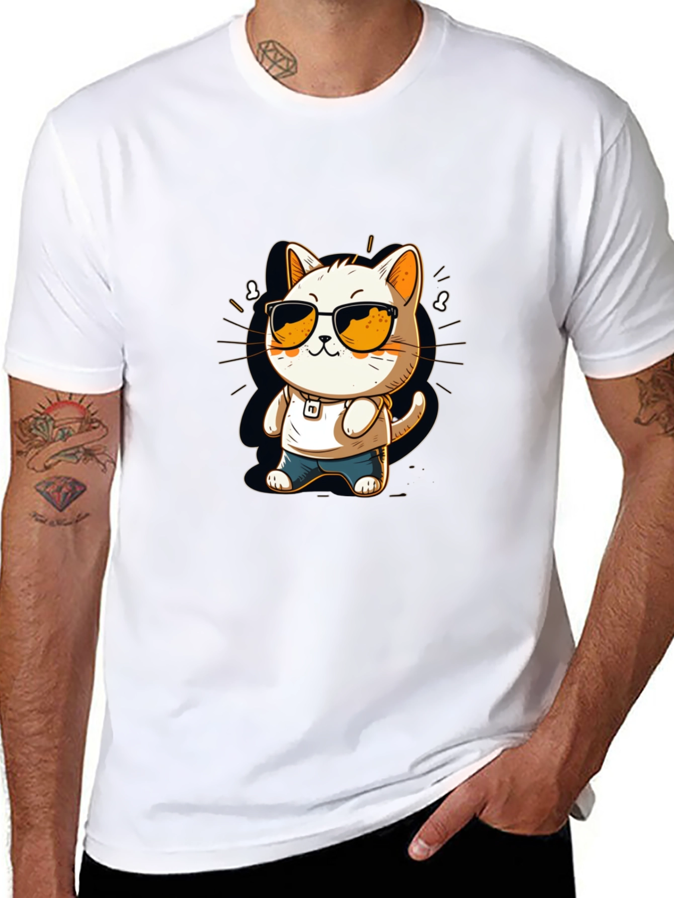 Black Cool Cat Cartoon Black Tee view 8