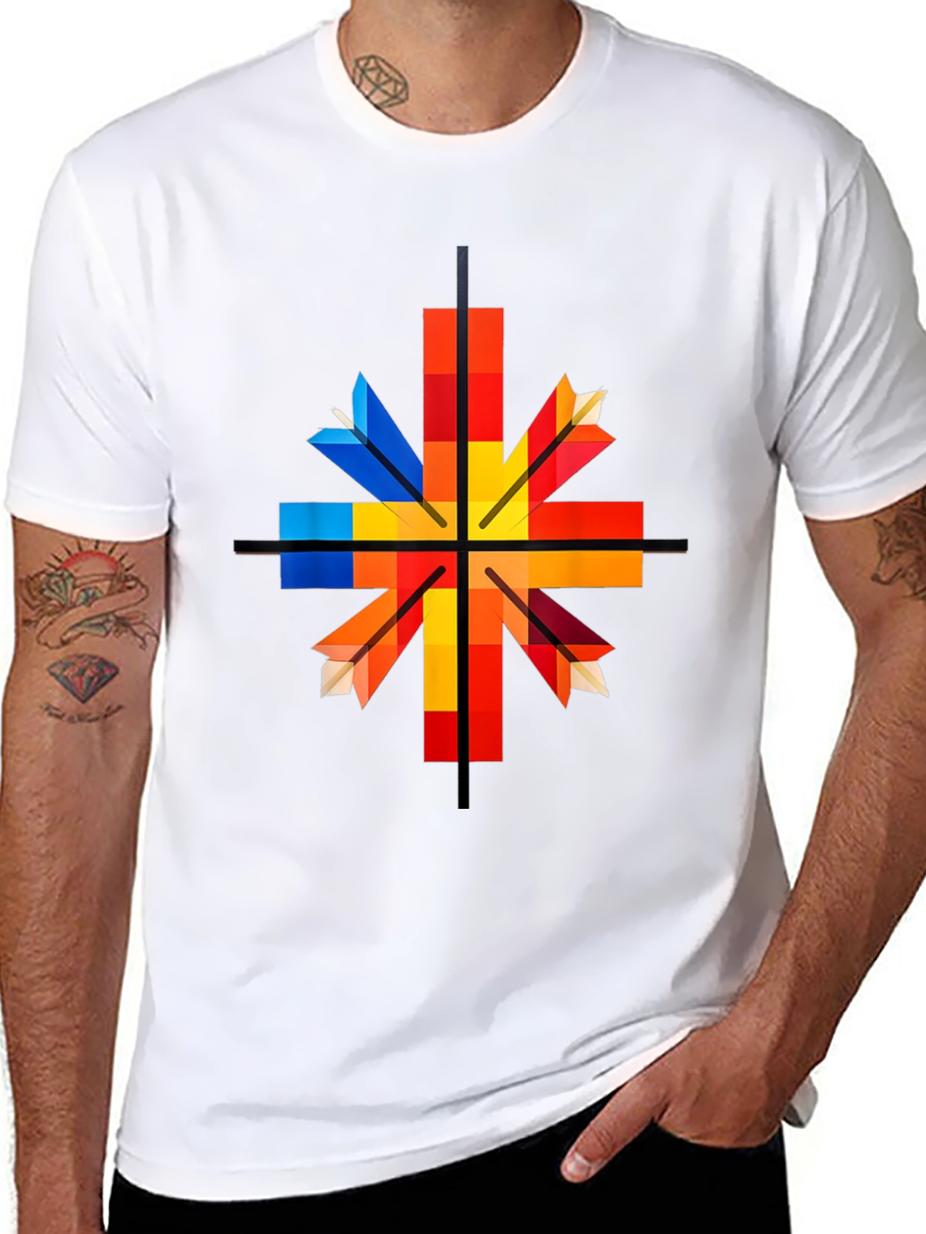 Black Geometric Arrow Graphic Tee - Colorful Square Design view 8