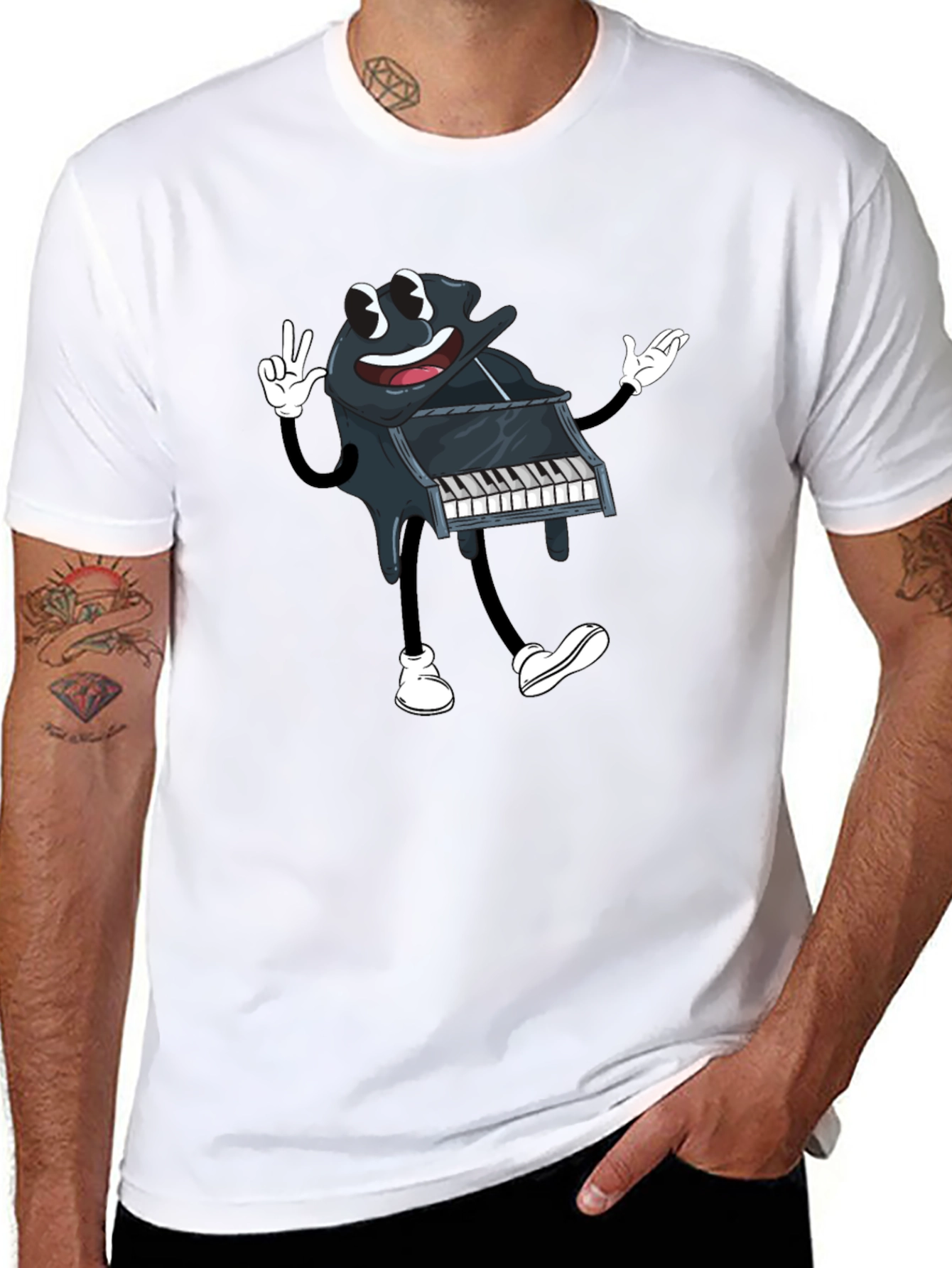 Black Cartoon Piano Graphic Tee - Black Cotton T-Shirt view 8