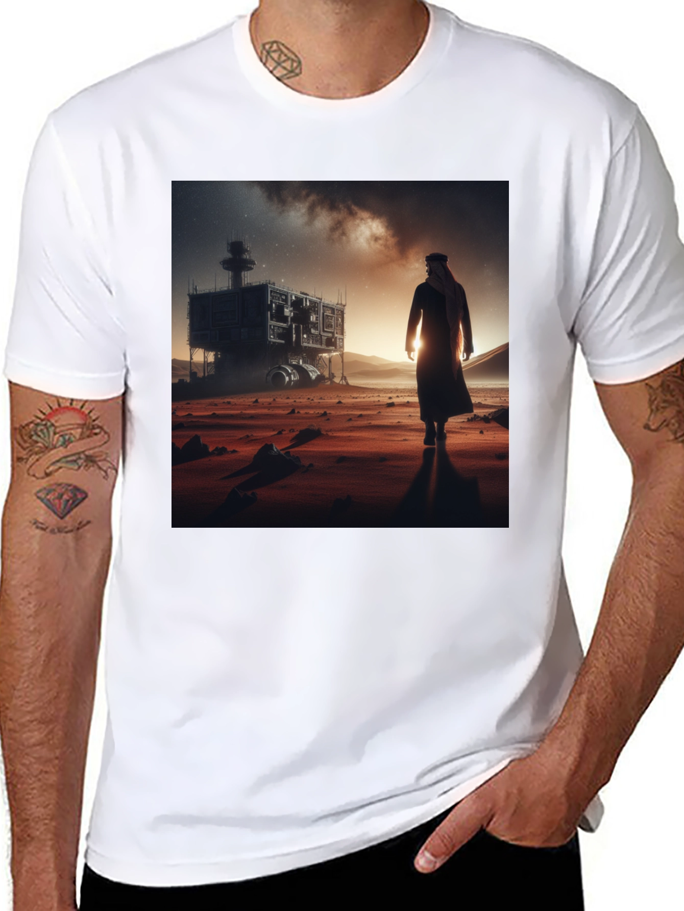 Black Futuristic Desert Traveler Graphic Tee view 8