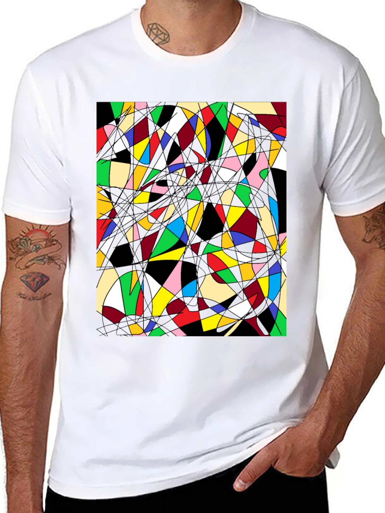Black Abstract Geometric T-Shirt: Colorful Stained Glass Design view 8