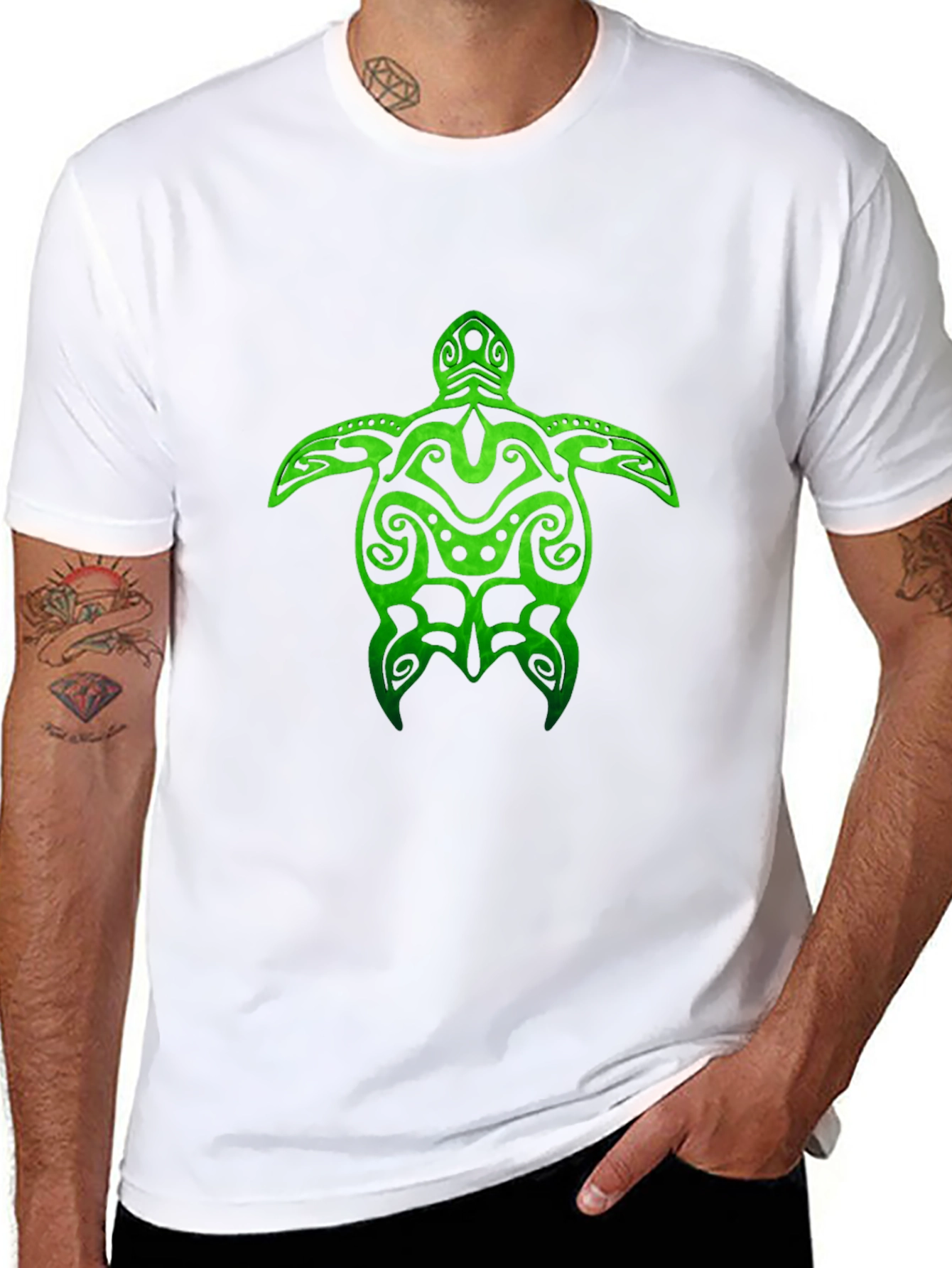 Black Green Turtle Tribal Design Black T-Shirt view 8