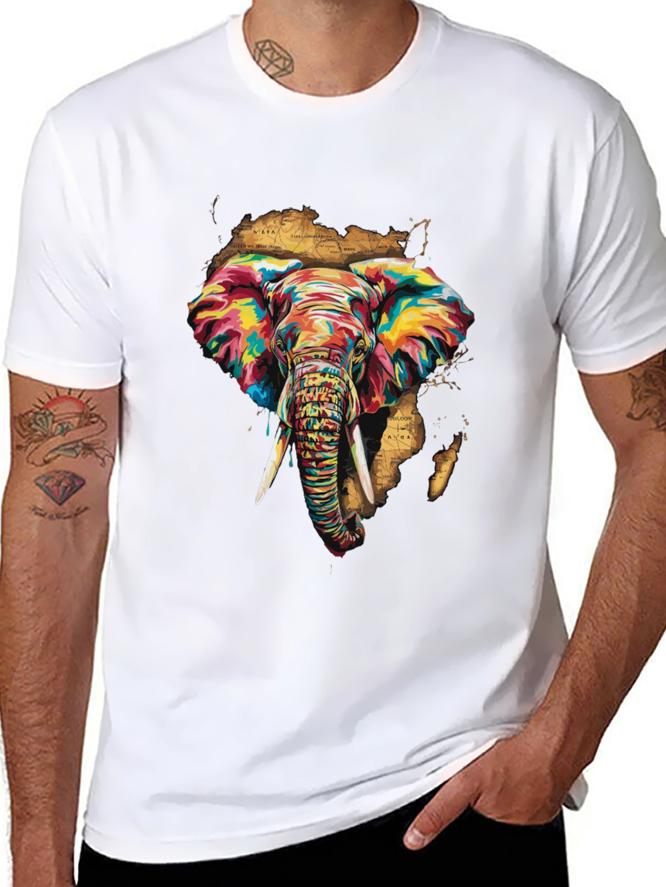 Black Vibrant Elephant Print Men's Black T-Shirt view 8