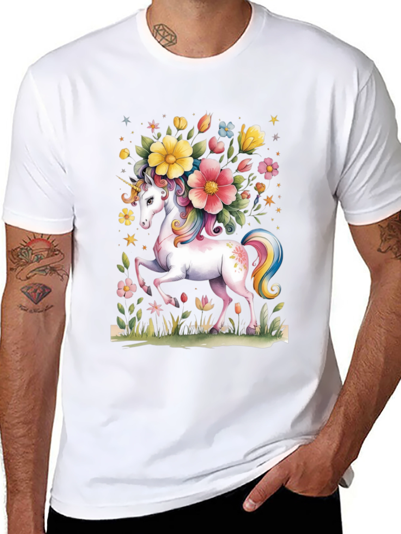 Black Unicorn Floral Graphic Tee - Black Cotton T-Shirt view 8