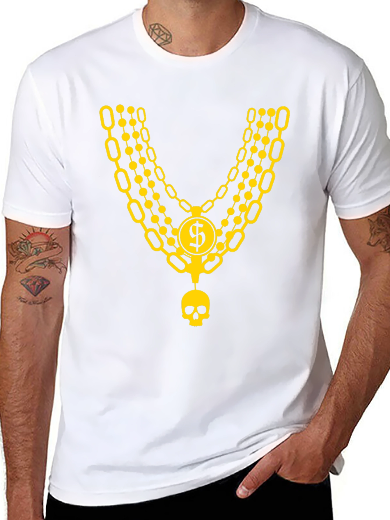 Black Men's Black T-Shirt with Gold Chain and Skull Design view 8