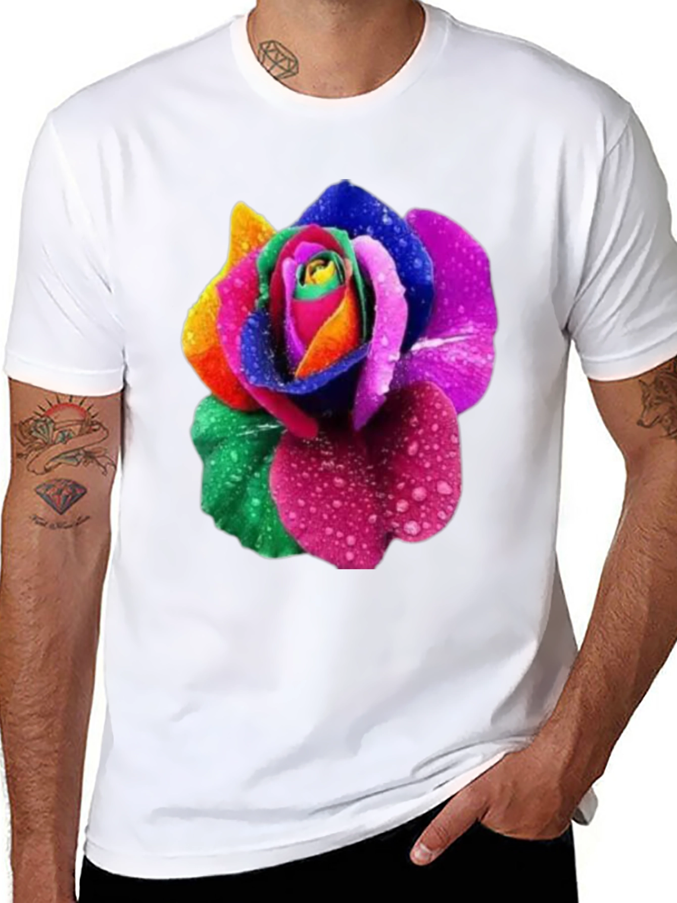 Rainbow Rose Graphic Tee - Men's Black T-Shirt - 8