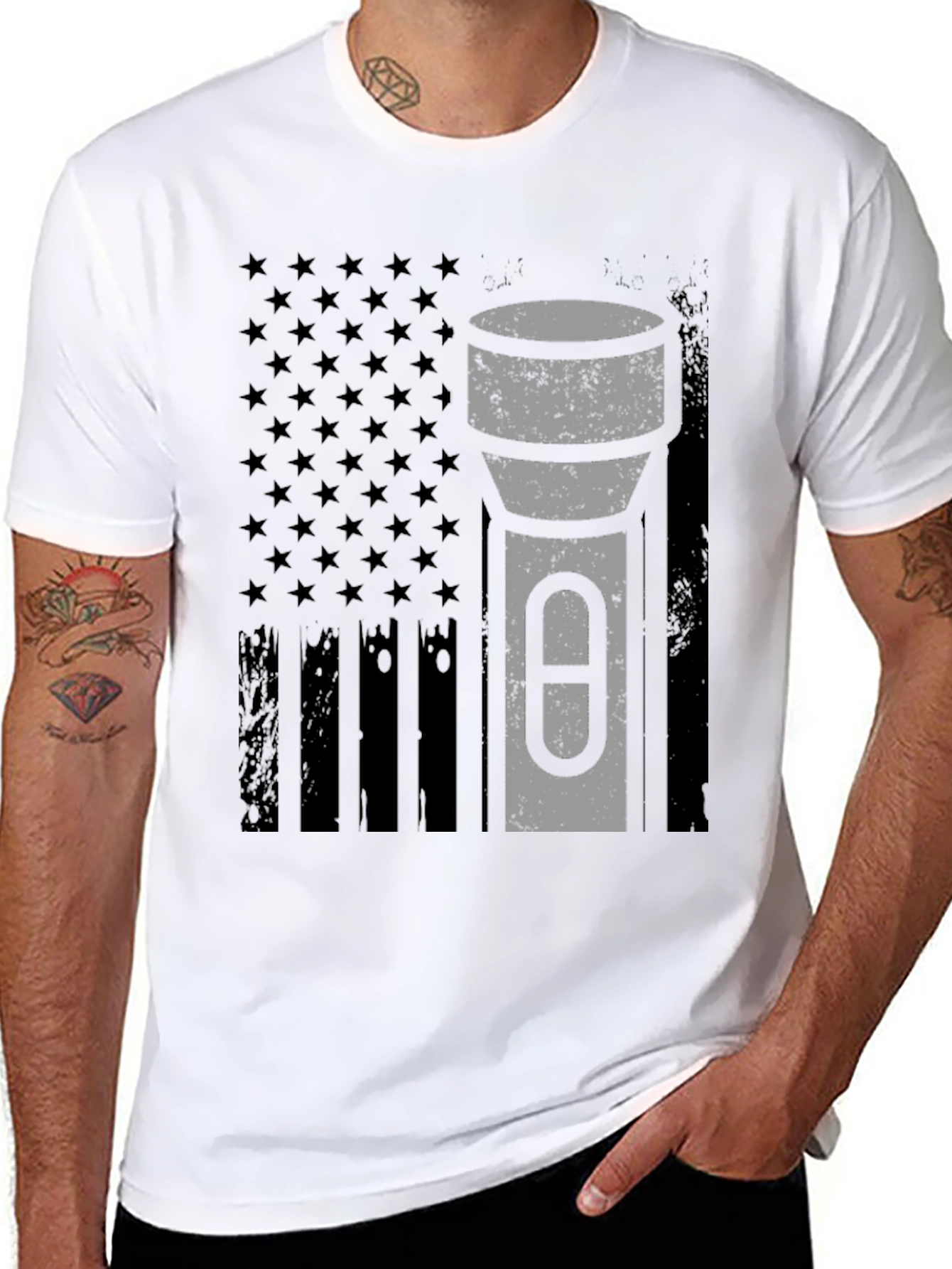 Black American Flag Tactical Flashlight T-Shirt view 8