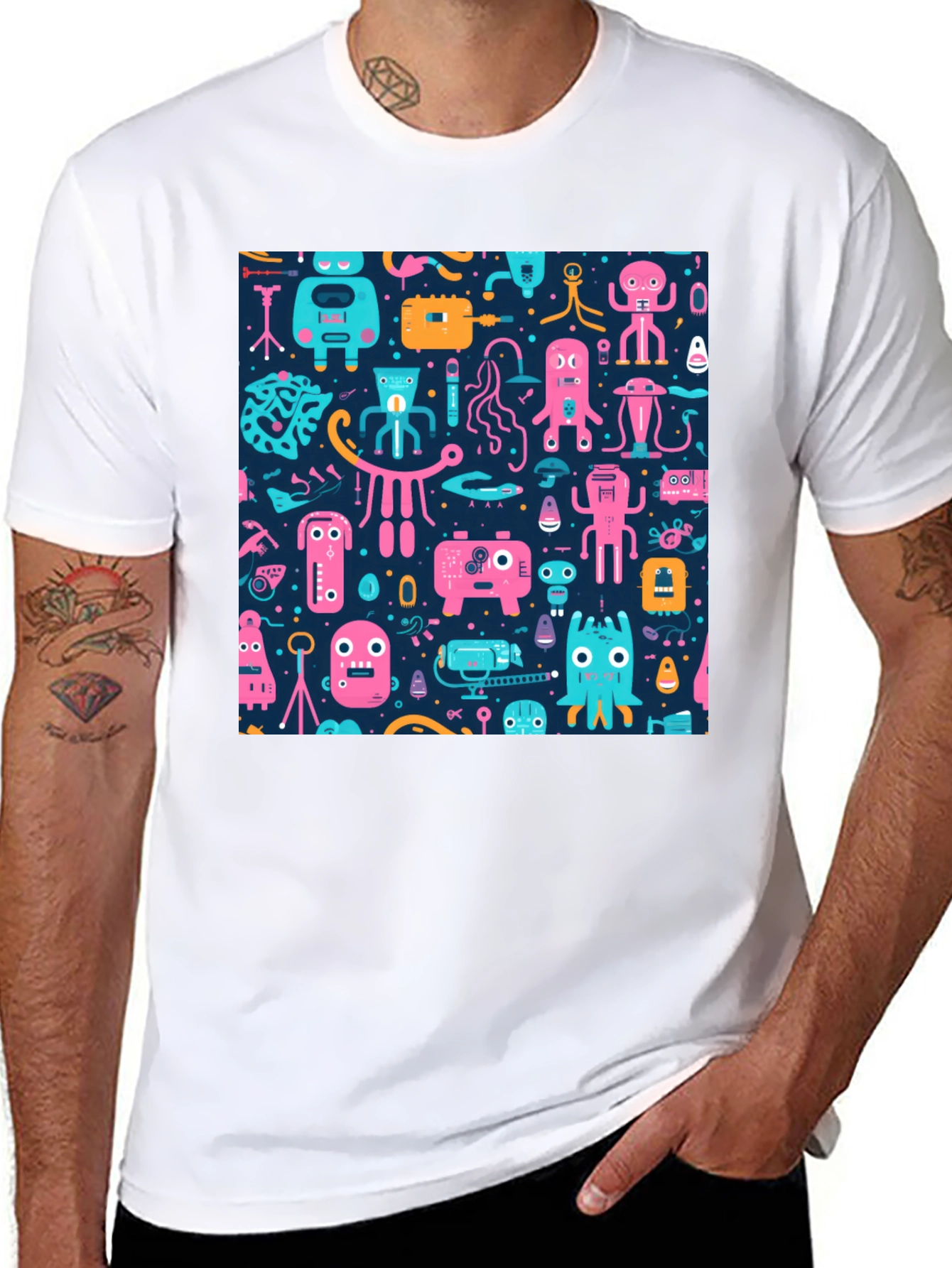 Black Funky Retro Robot Pattern T-Shirt view 8