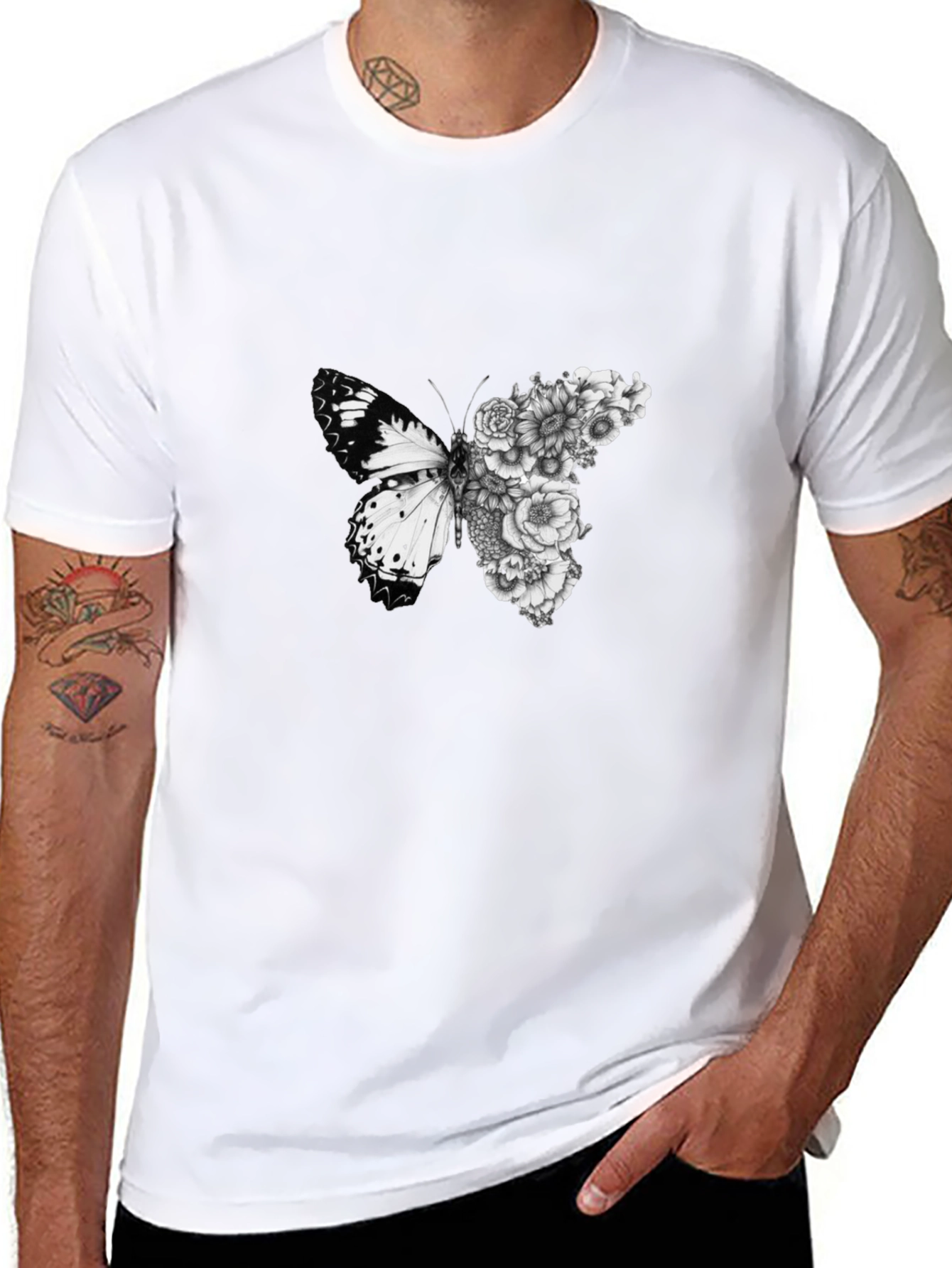 Black Butterfly Floral Graphic Black T-Shirt view 8
