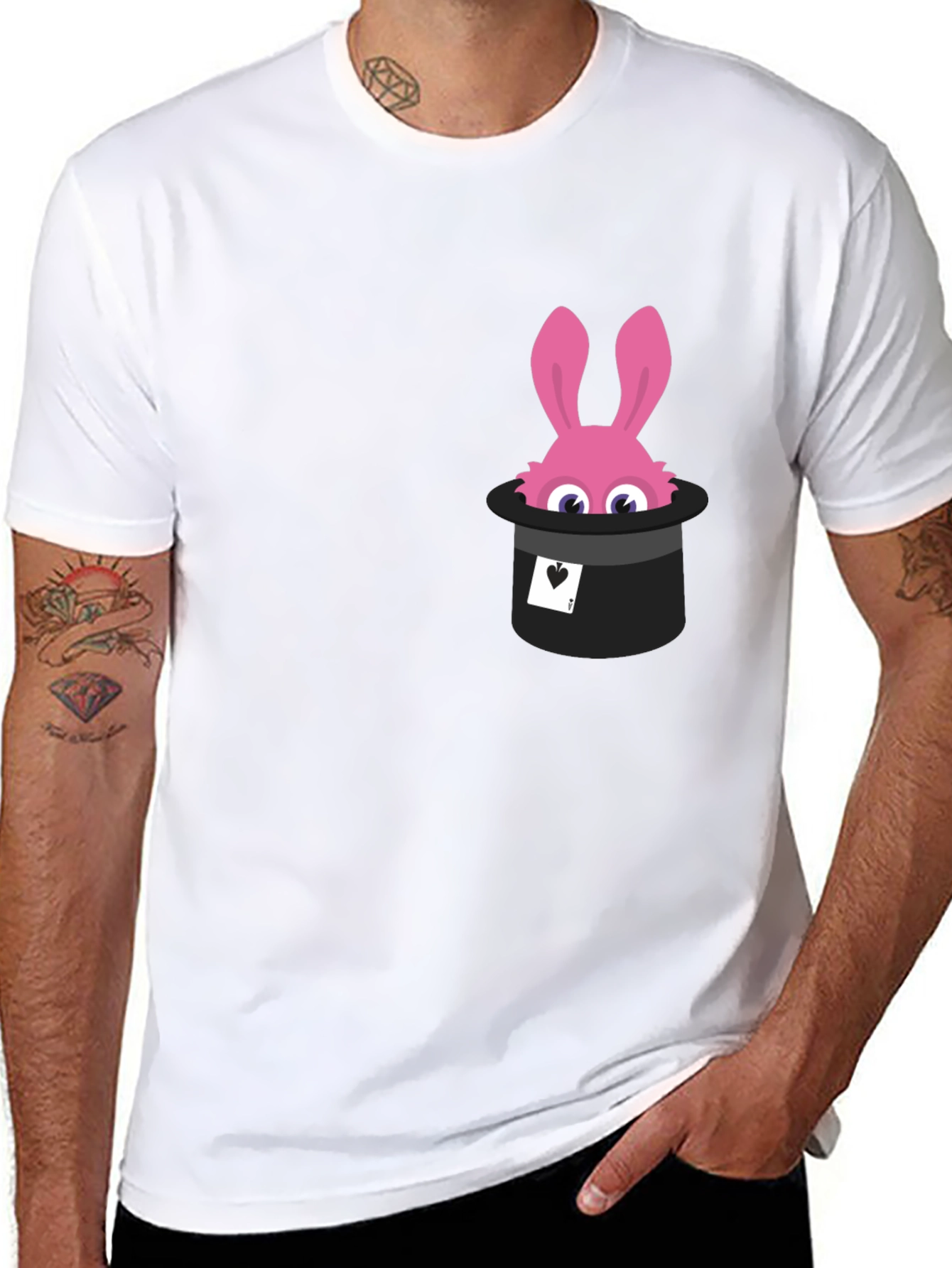 Black Magical Rabbit in Hat Graphic Tee - Black Cotton T-Shirt view 8