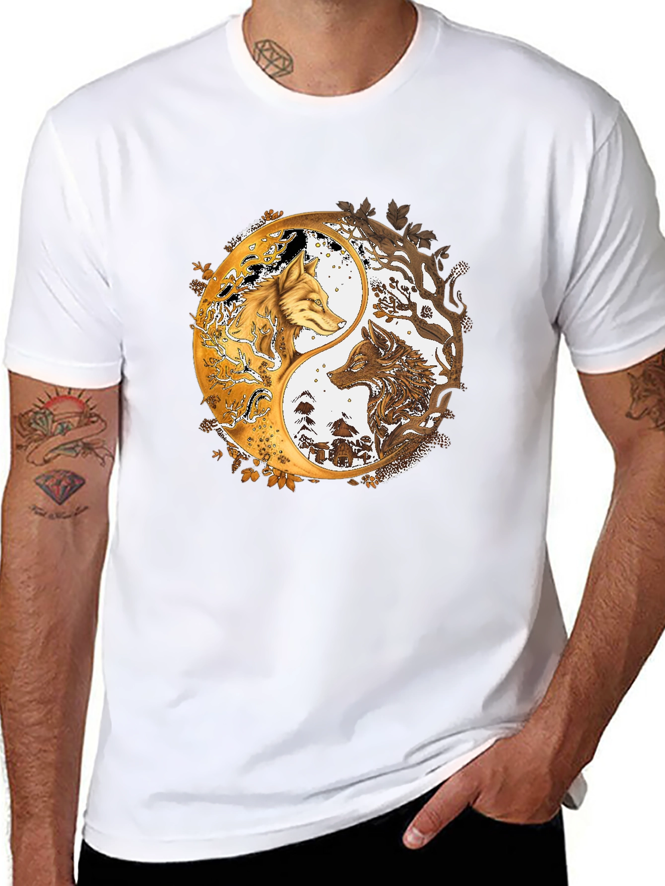 Black Yin Yang Wolves Graphic Black Tee view 8