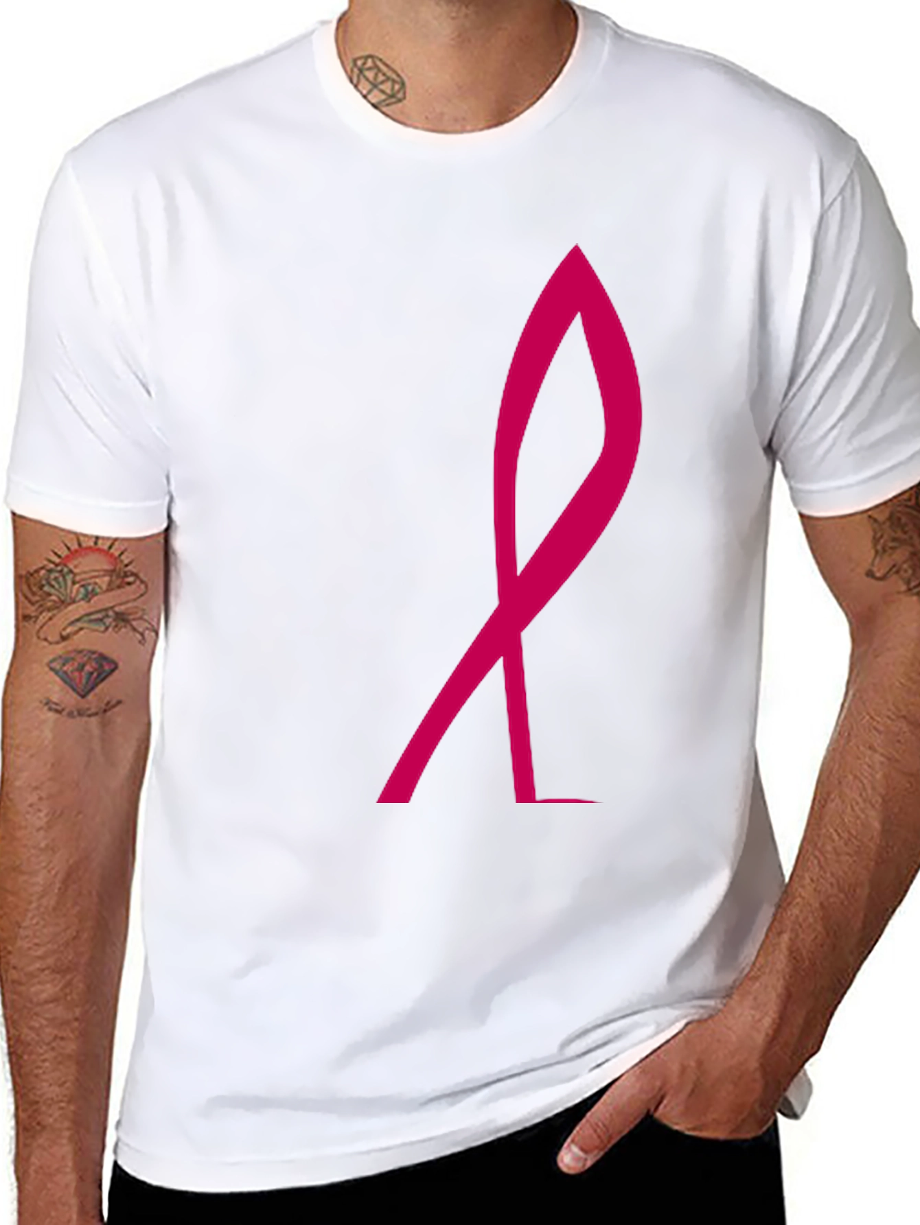 Black Stylish Black Tee with Pink Ribbon Graphic view 8
