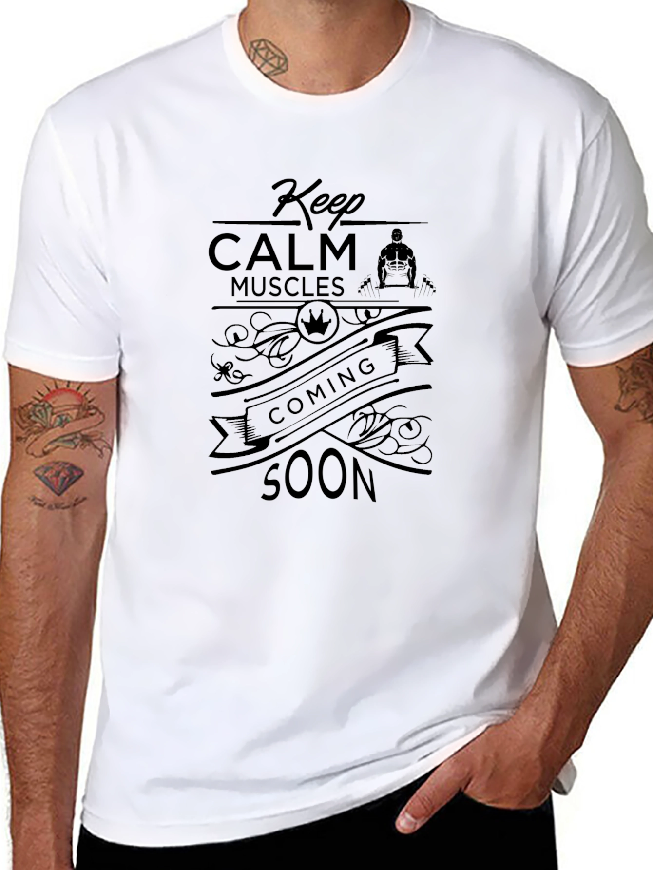 Black Keep Calm Muscles Coming Soon T-Shirt view 8