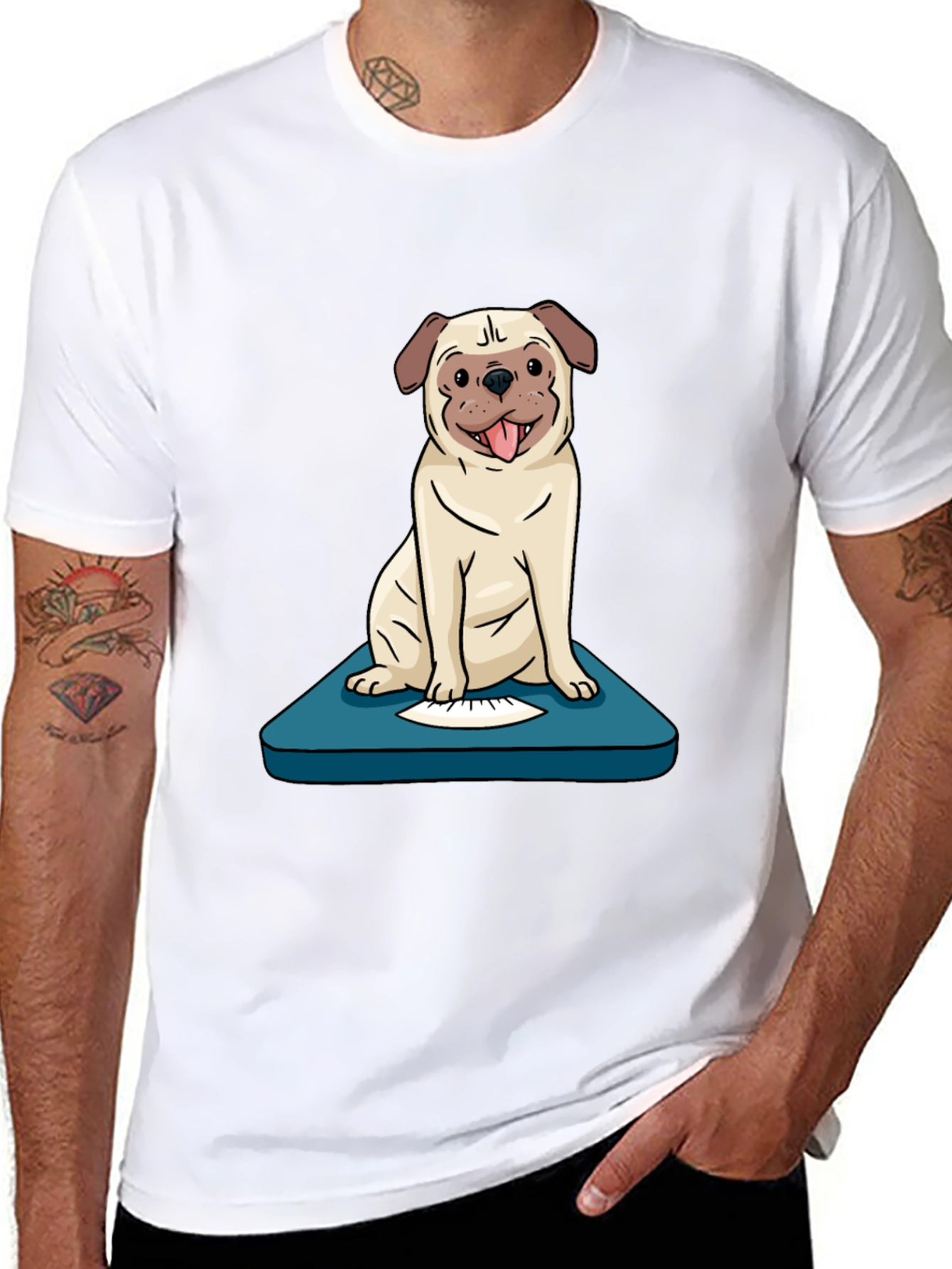 Black Pug on Scale Graphic Tee - Weighty Humor T-Shirt view 8