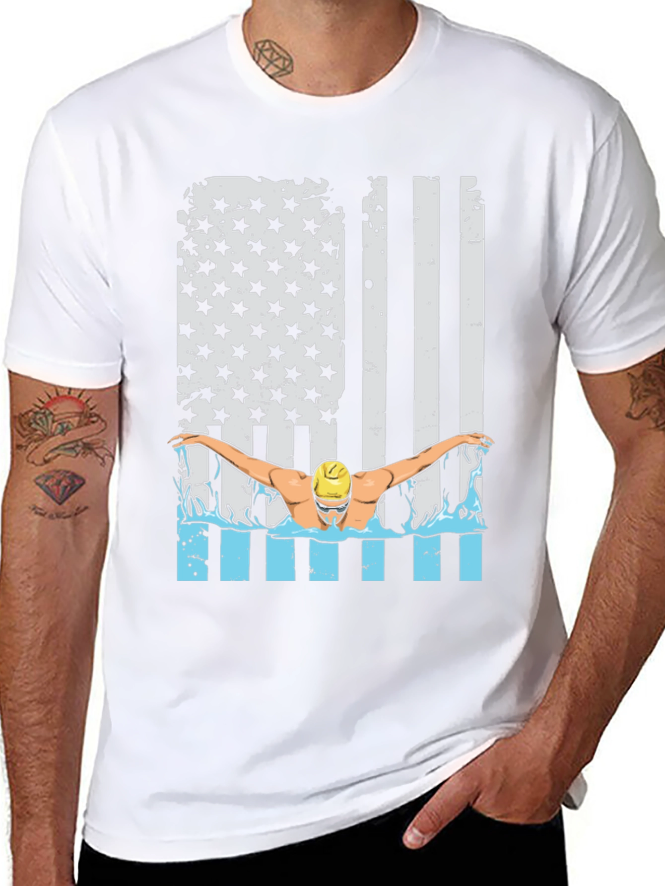 Black Patriotic Swimmer T-Shirt USA Flag Design view 8