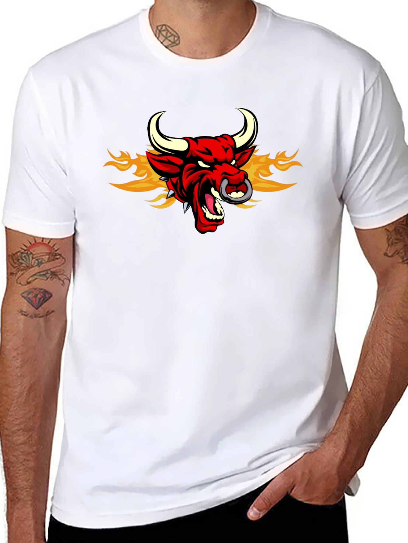 Black Fiery Bull Graphic Tee - Men's Black T-Shirt view 8