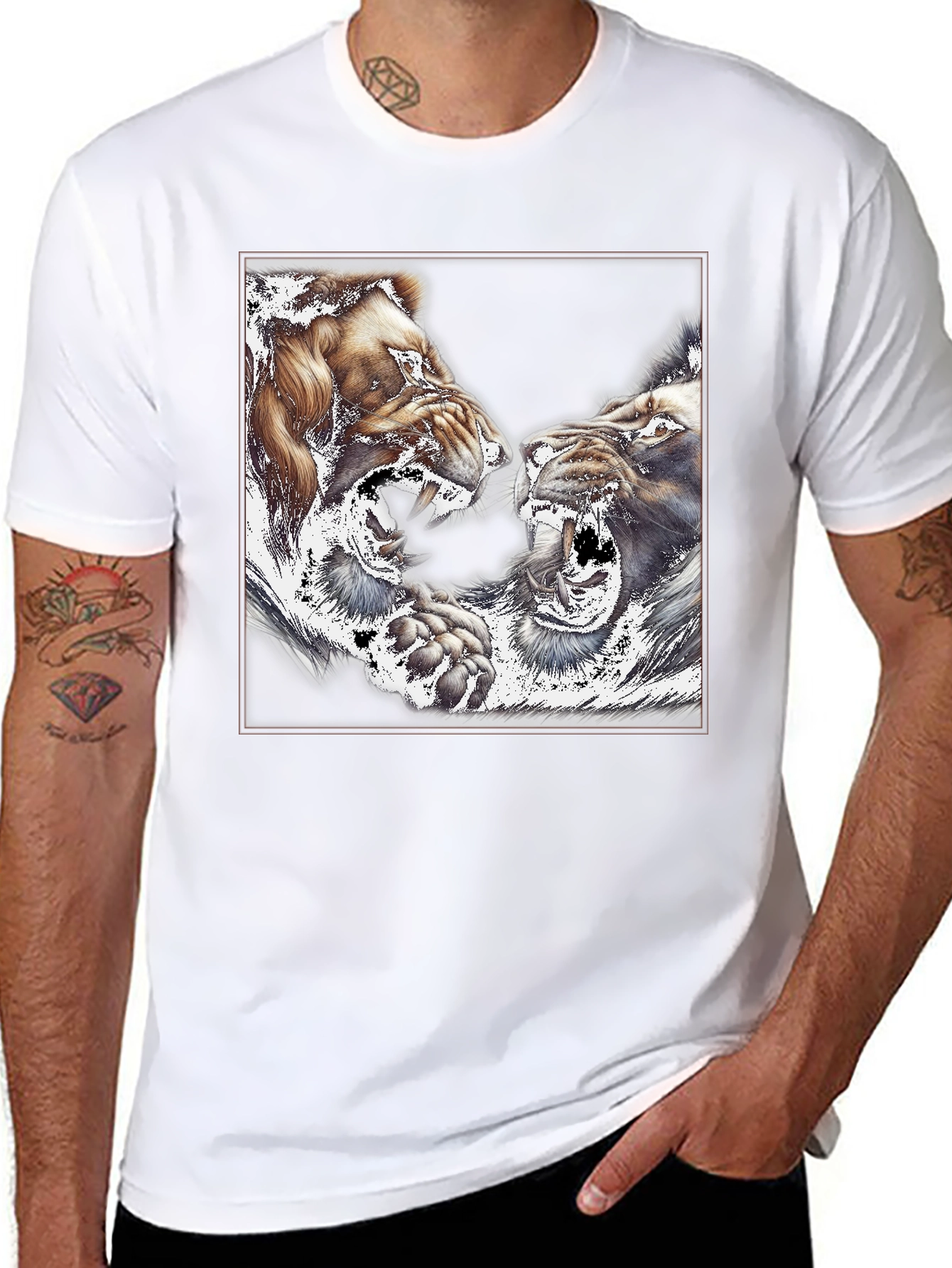 Black Roaring Lions Graphic Print Black T-Shirt view 8